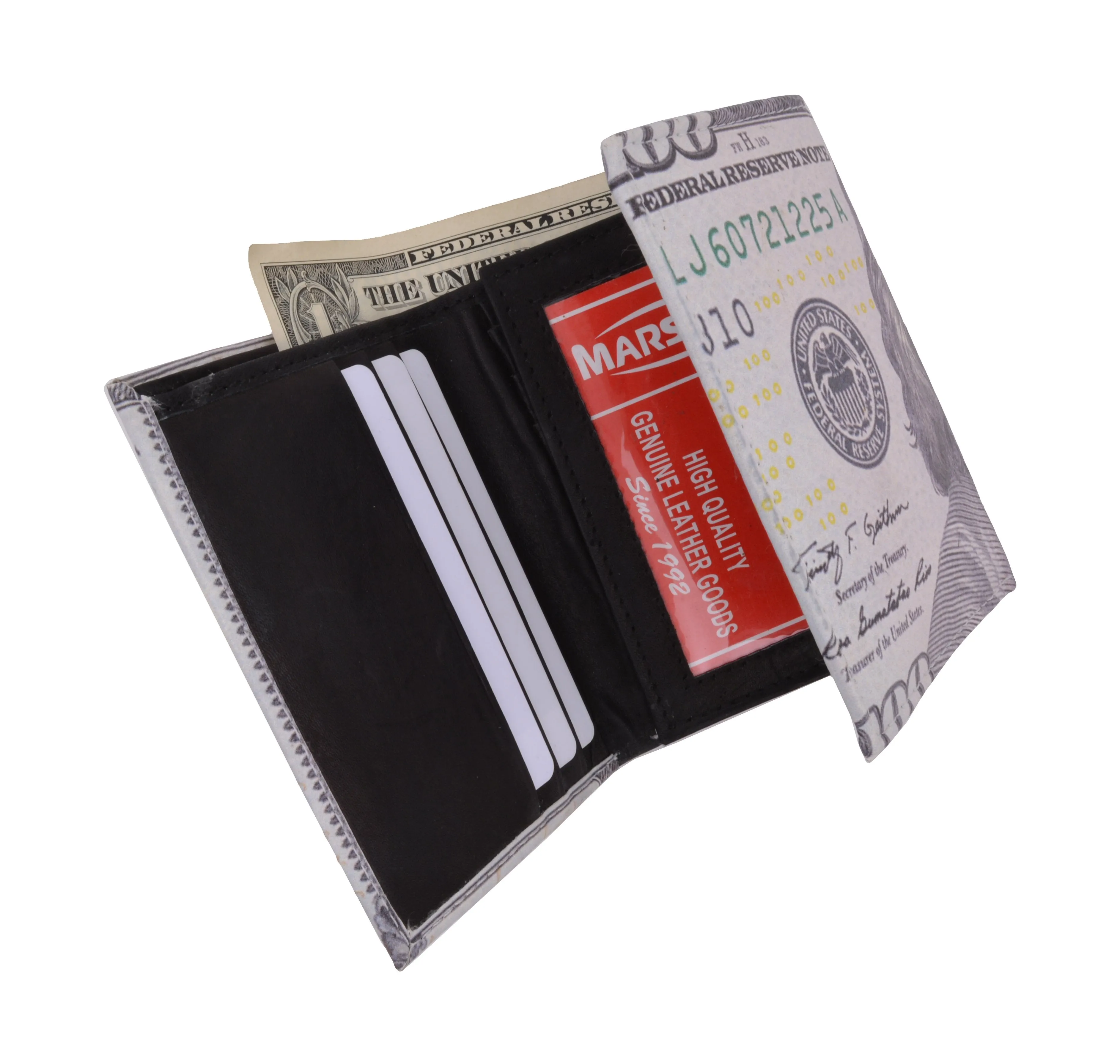 $100 Bill Men's Genuine Leather Credit Card ID Holder Trifold Wallet with Middle Flap 1346-16