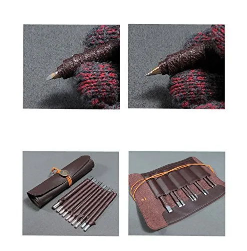 10pcs Wood Chisels Knife Set Stone Wood Carving Tool Kit Made of Tungsten Steel Bonus a Portable Leather Roll Bag CYKD01