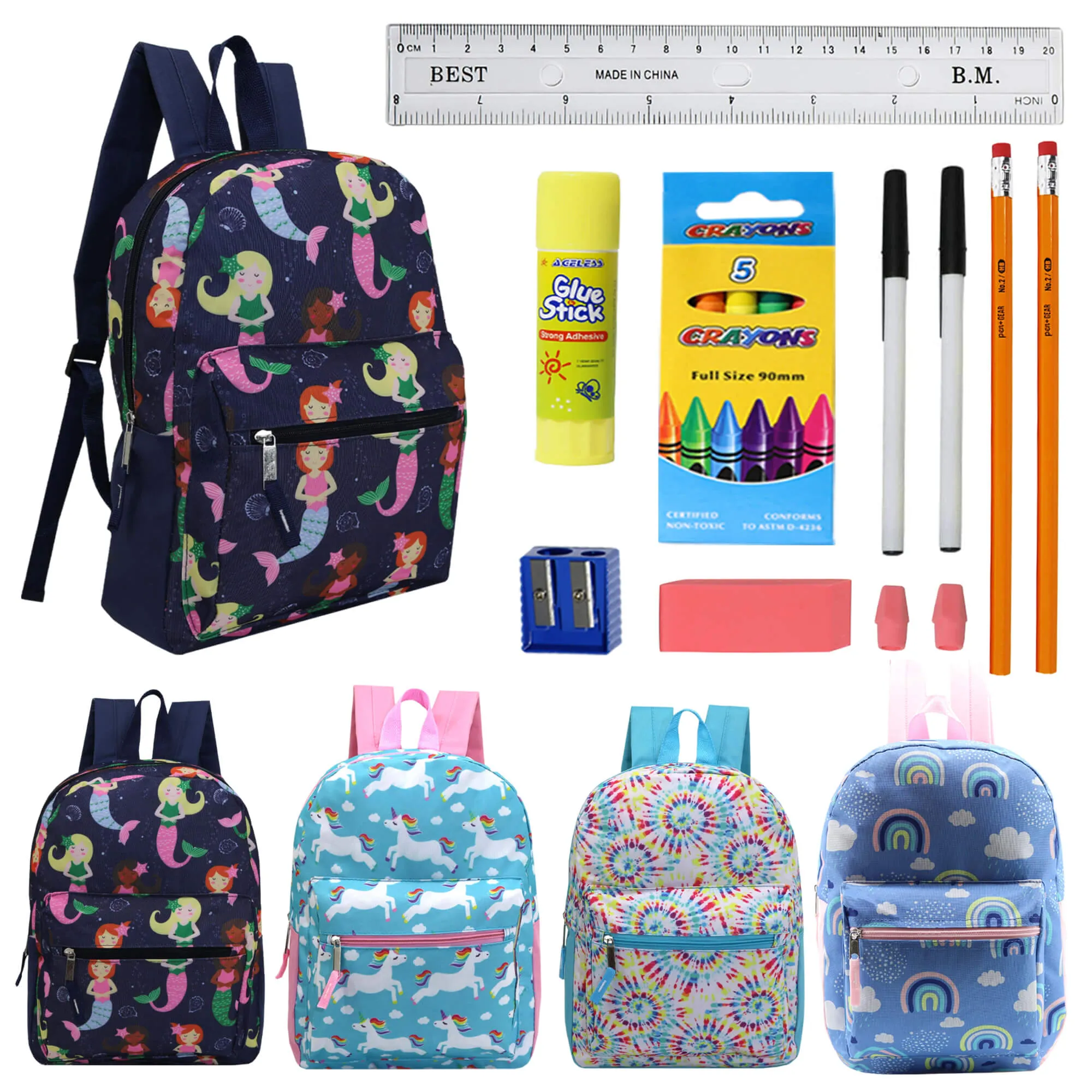 12 Wholesale Kids 15" Backpacks and 12 Bulk School Supply Kits of Your Choice