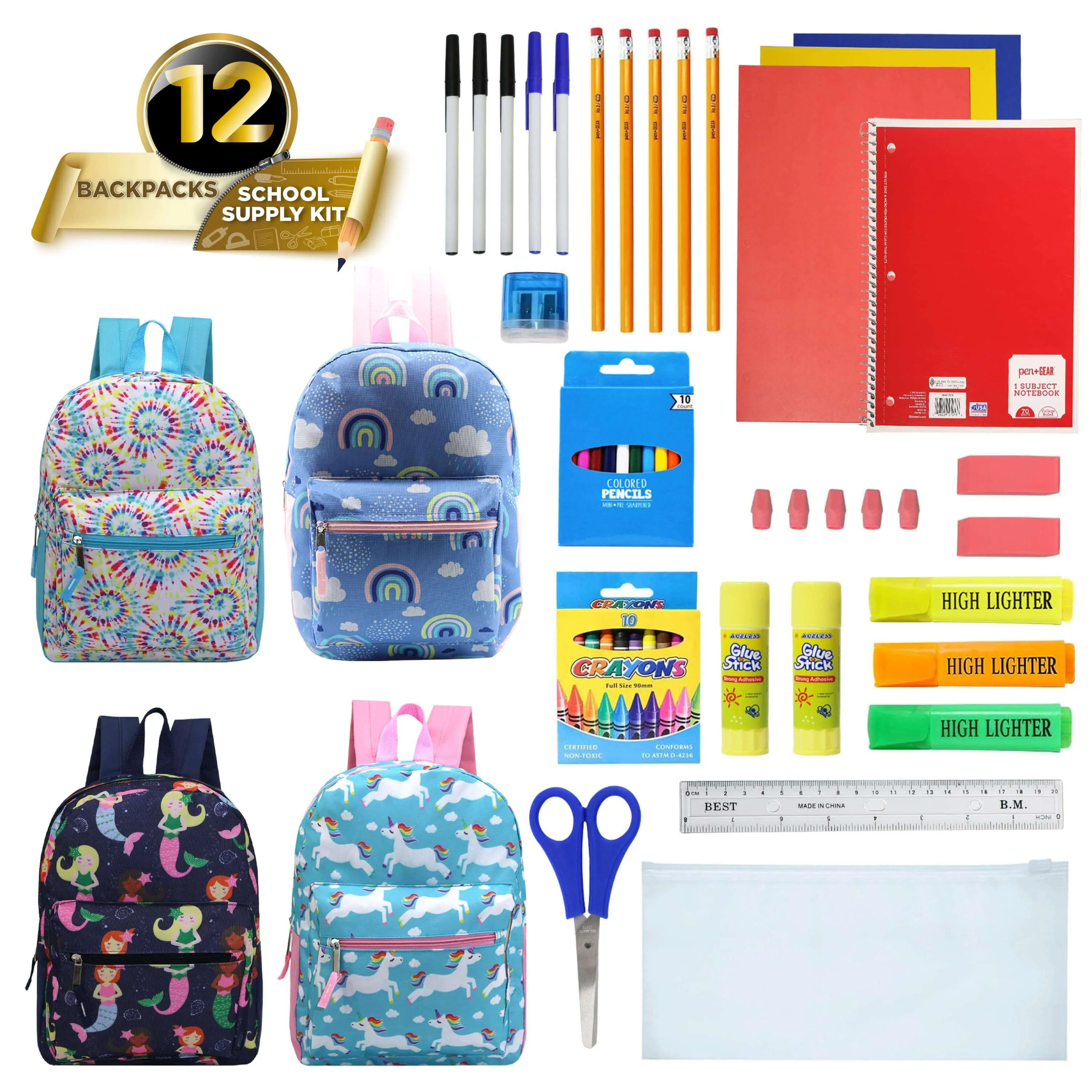 12 Wholesale Kids 15" Backpacks and 12 Bulk School Supply Kits of Your Choice