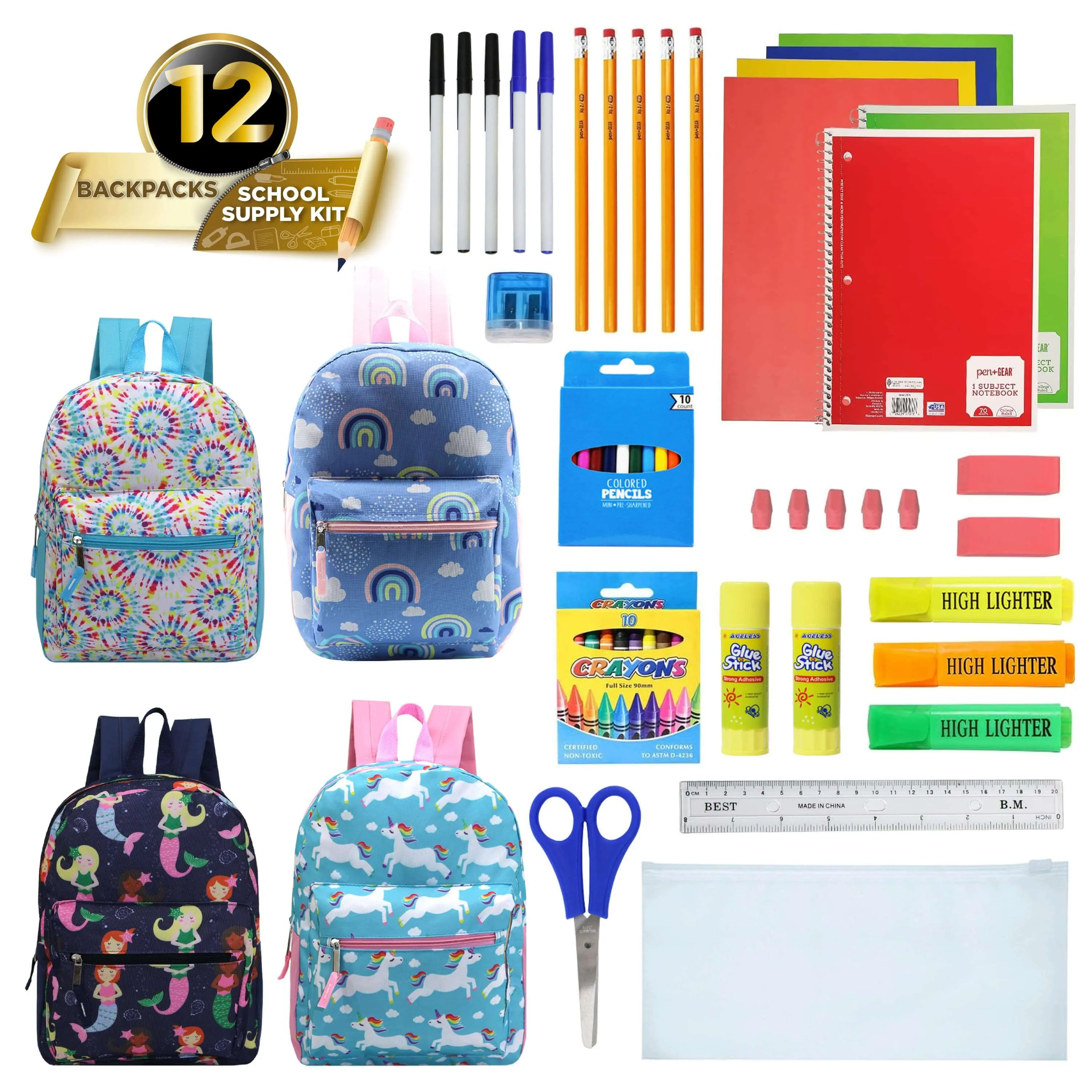 12 Wholesale Kids 15" Backpacks and 12 Bulk School Supply Kits of Your Choice