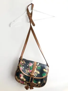 1980s KENZO FLORAL CROSS LEATHER SHOULDER BAG