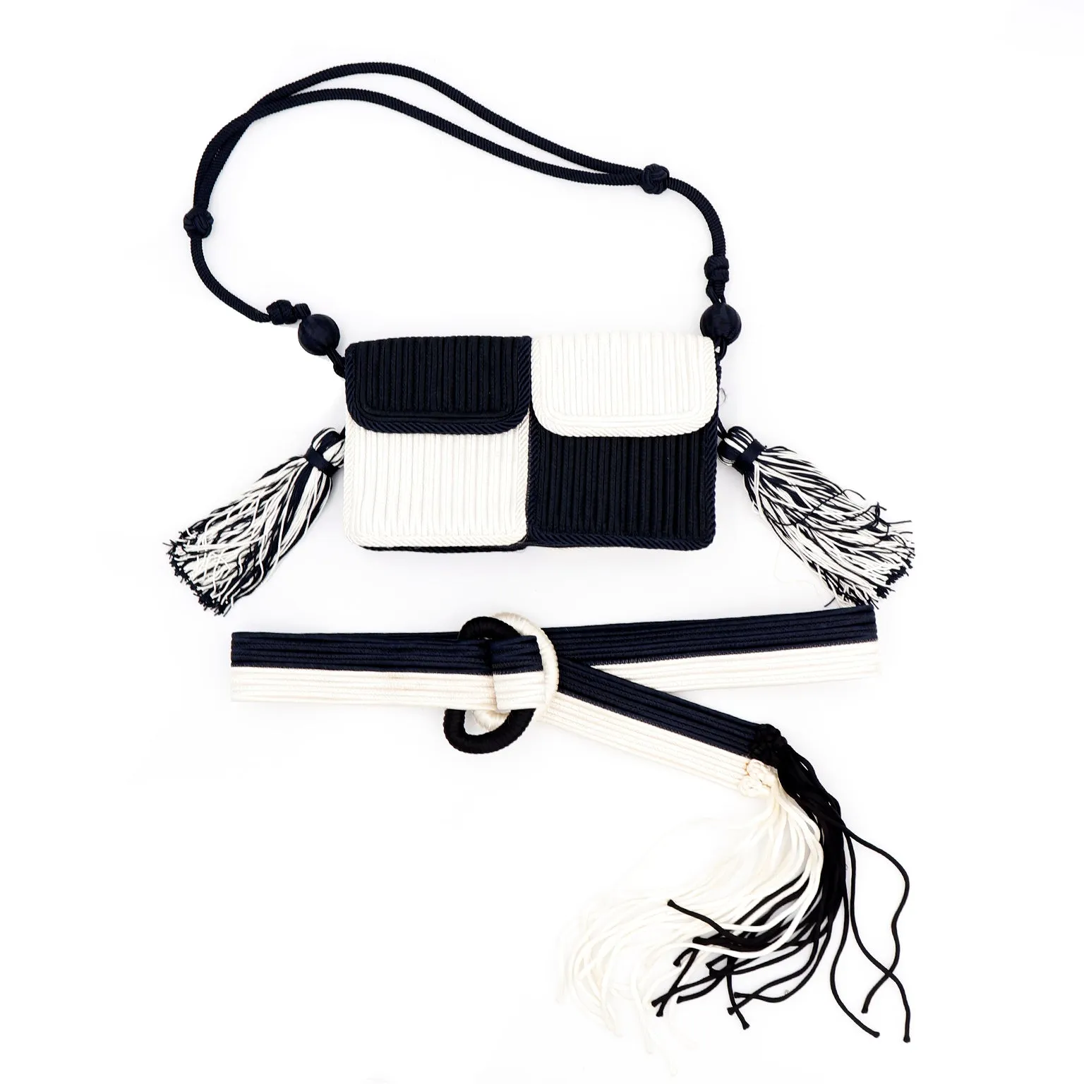 1980s Yves Saint Laurent Black & White Passementerie Bag with Matching Belt