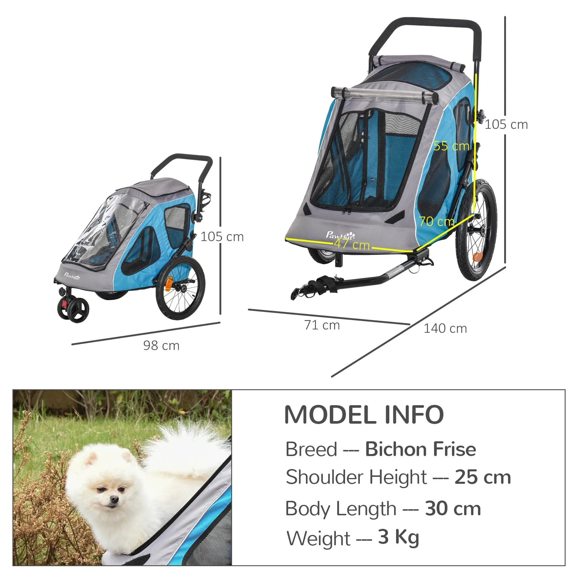 2 IN 1 Dog Bike Trailer Pet Carrier Stroller 360√Ç¬¨√Ç¬®√Ç¬¨√¢¬à¬û Rotatable Front Wheel Reflectors Parking Straps Hitch Coupler Cup Holder Water Resistant Blue