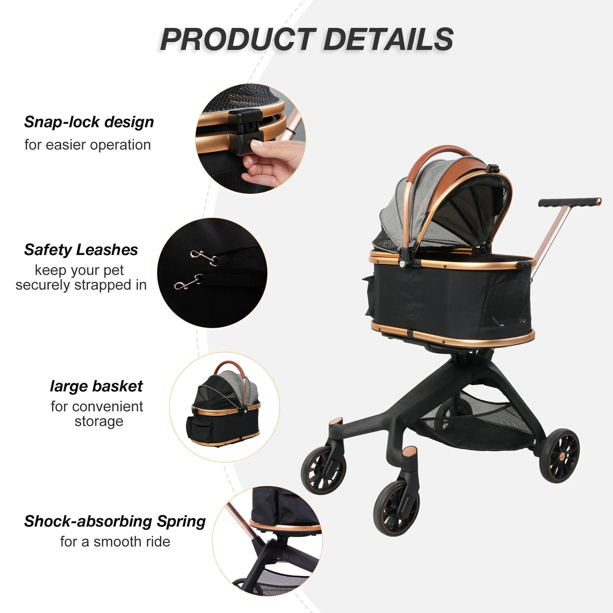 2 in 1 Dog Stroller Pet Carrier with Detachable Carrier and Adjustable Handle, Gold