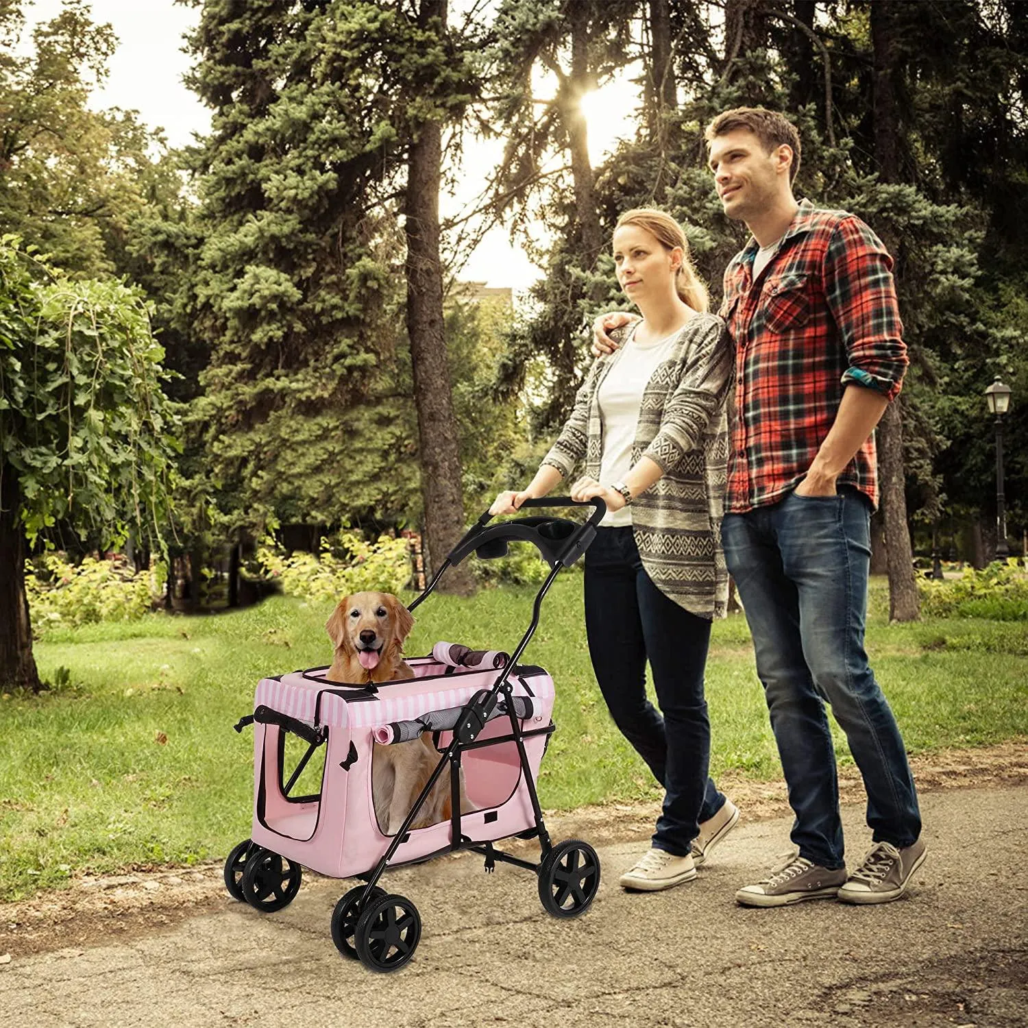 3-in-1 Folding Travel Pet Carrier Dog Cat Stroller with Water Cup Holder, Pink