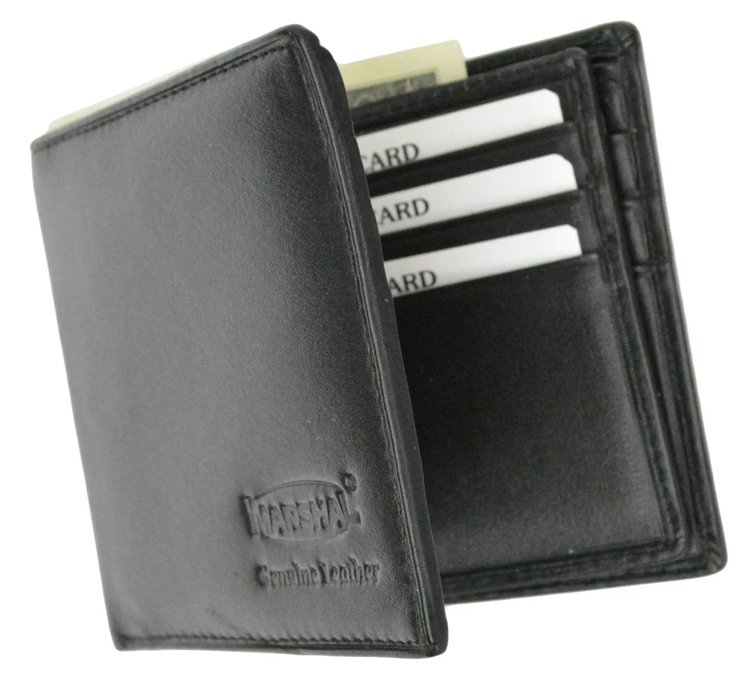 600052-BK-LOGO New Genuine Leather Men's Credit Card Compact Center Flip ID Bifold Wallet with Logo