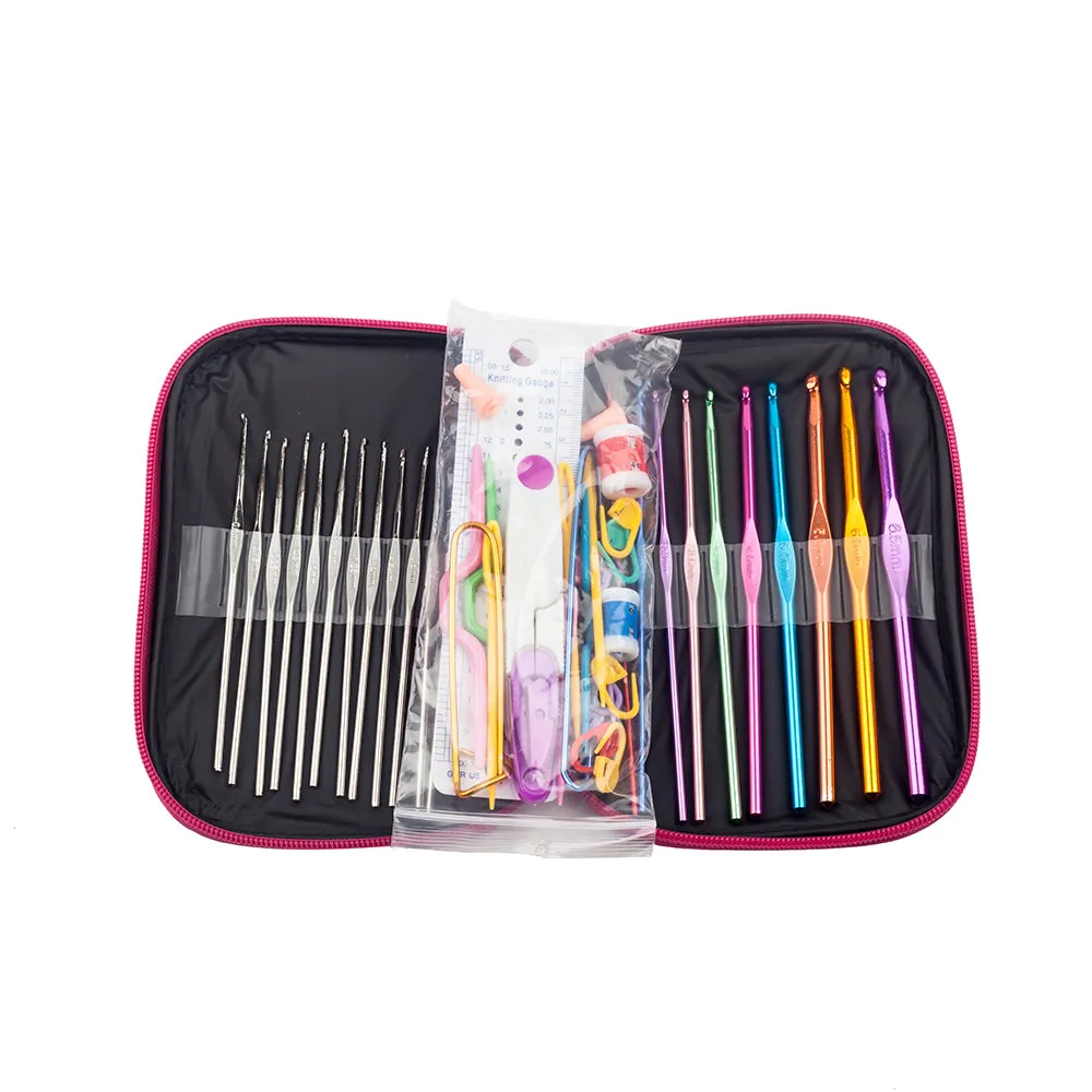 90pcs Crochet Hooks Set  Ergonomics Knitting Needles Aluminum Weave Craft Sewing Tools with  Case Bag