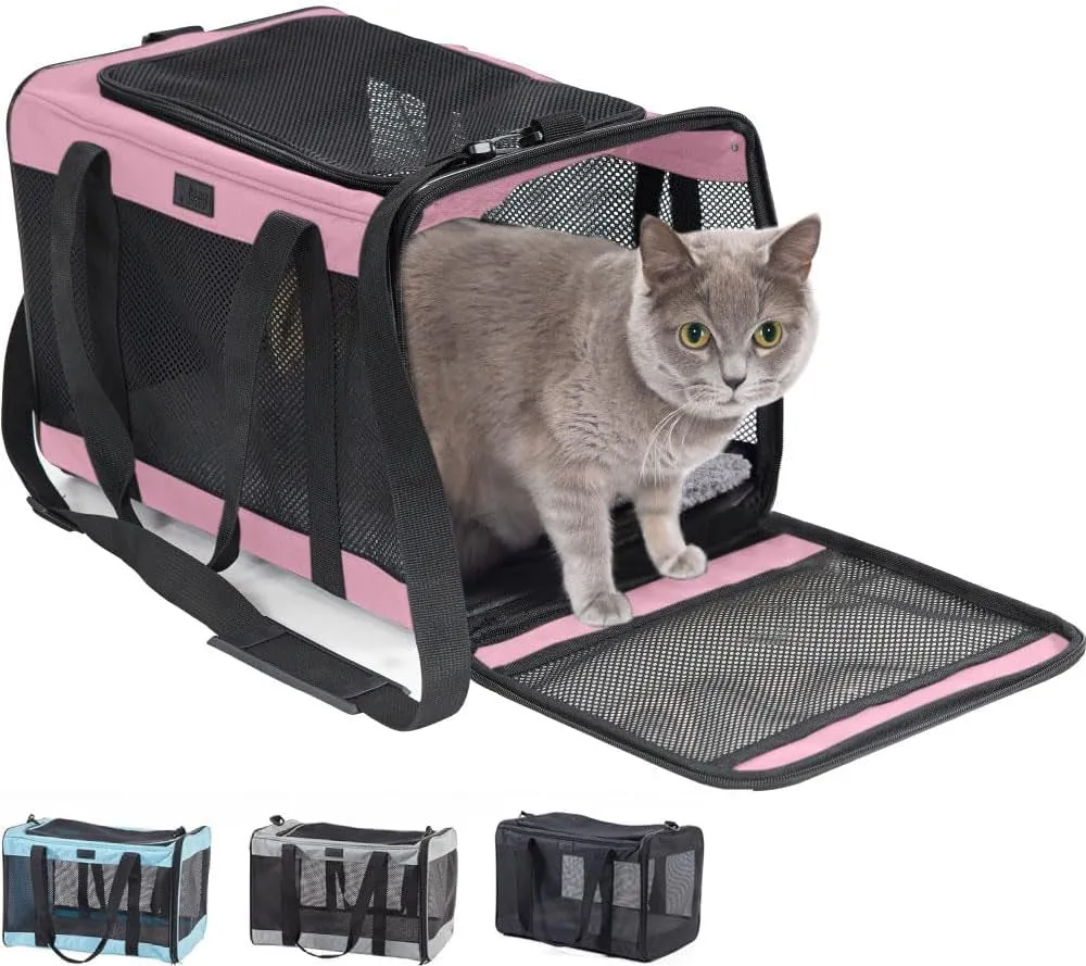 Airline Travel Cat Carrier Bag up to 15 Lbs, Breathable Mesh Collapsible Pet Carriers for Small, Medium Cats, Small Dogs, Puppies, Portable Kennel with Soft Washable Waterproof Pad Blue