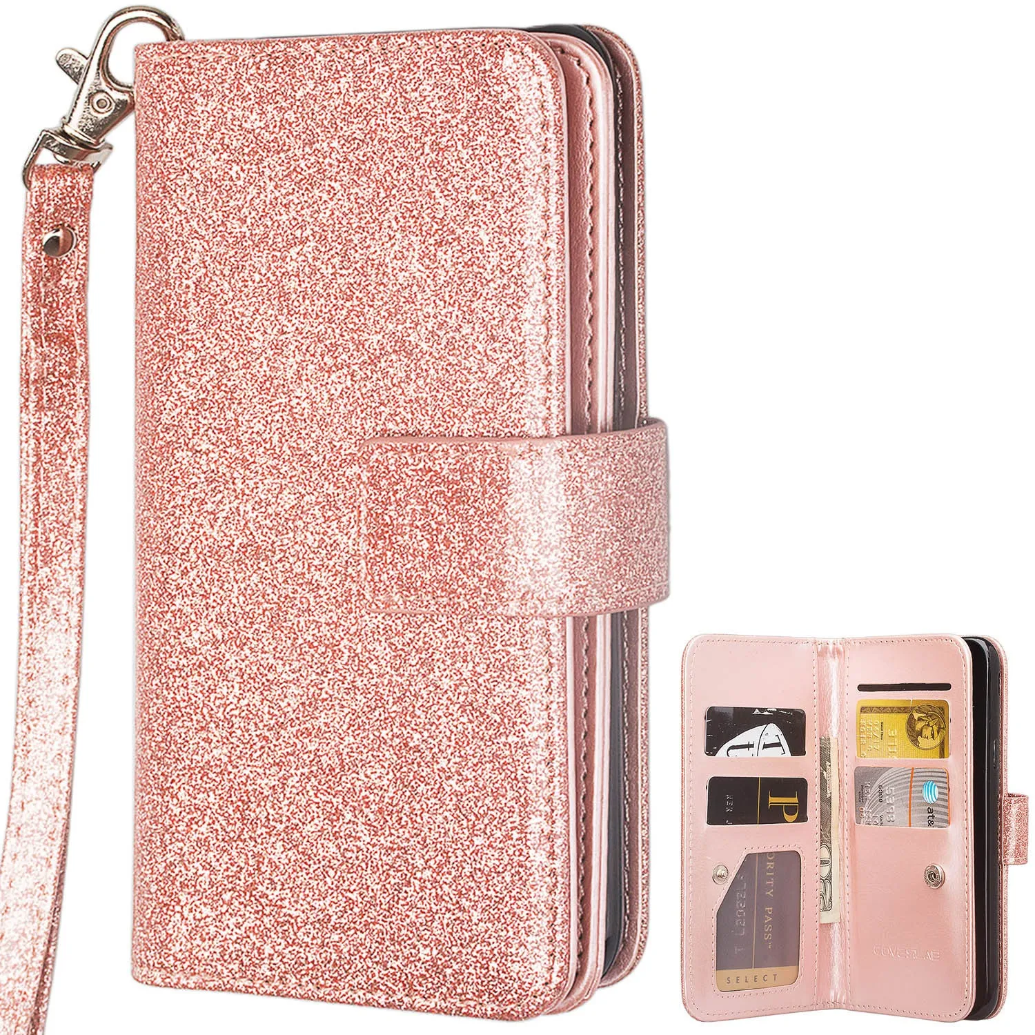 Alcatel Tetra Case, Glitter Faux Leather Flip Credit Card Holder Wrist Strap Shockproof Protective Wallet Case Clutch for Tetra - Rose Gold