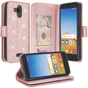 Alcatel Tetra Case, Glitter Faux Leather Flip Credit Card Holder Wrist Strap Shockproof Protective Wallet Case Clutch for Tetra - Rose Gold