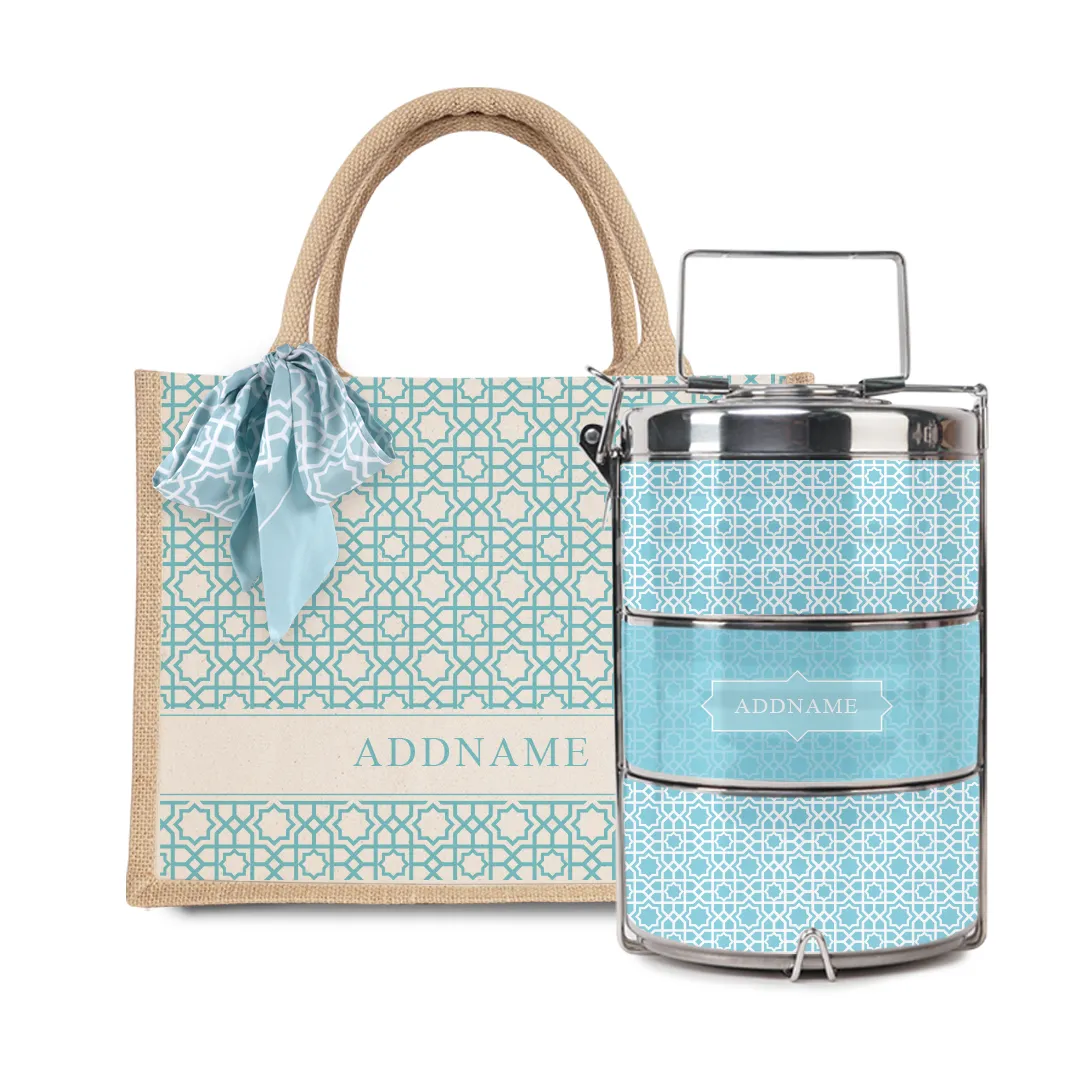 Annas Series - Sky Blue Half Lining Small Jute Bag with Tiffin Carrier