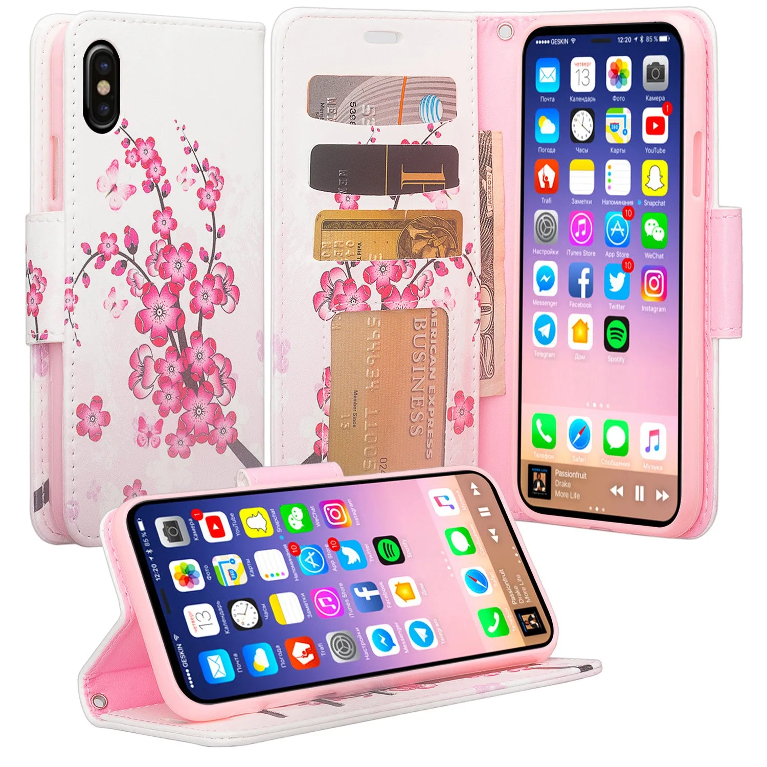 Apple iPhone X, Iphone 10 Case, Wrist Strap Faux Leather Flip [Kickstand] Protective Wallet Case Cover - Cherry Blossom