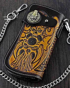 Badass Skull Leather Men's Long Wallet with Chain Biker Wallet Chain Wallet For Men