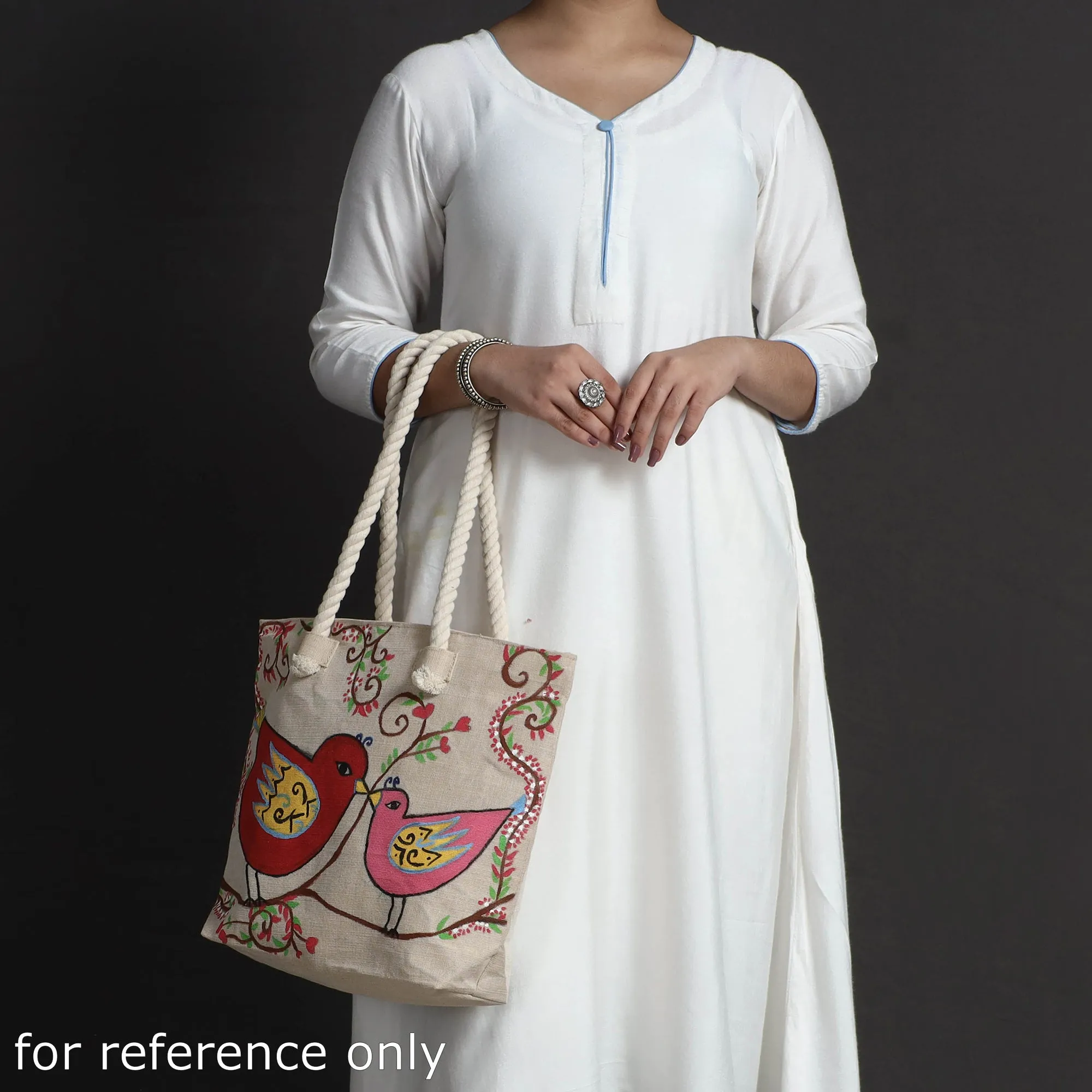 Beige - Birds - Handpainted Jute Cotton Shoulder Bag