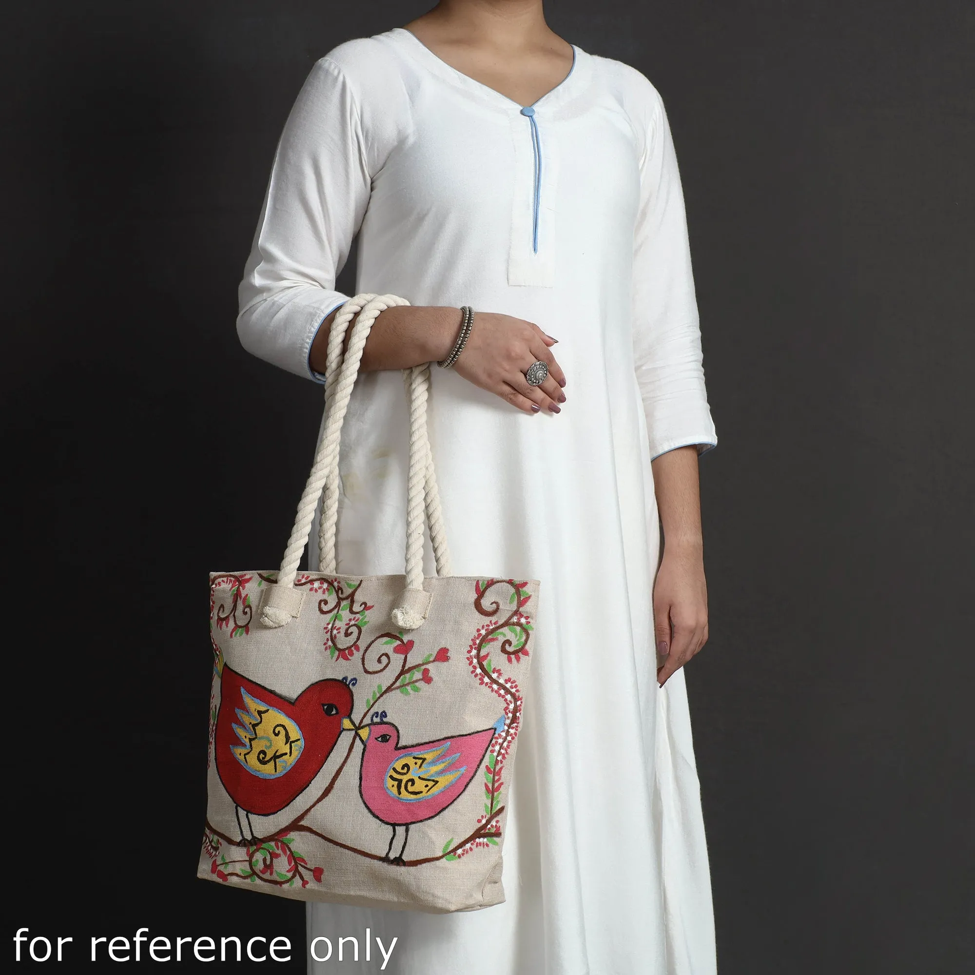 Beige - Birds - Handpainted Jute Cotton Shoulder Bag