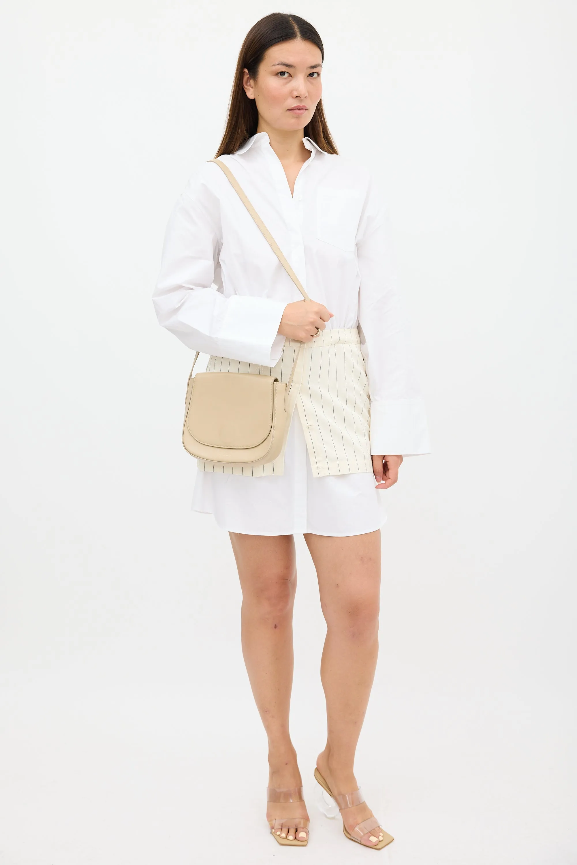 Beige Leather Flap Crossbody Bag