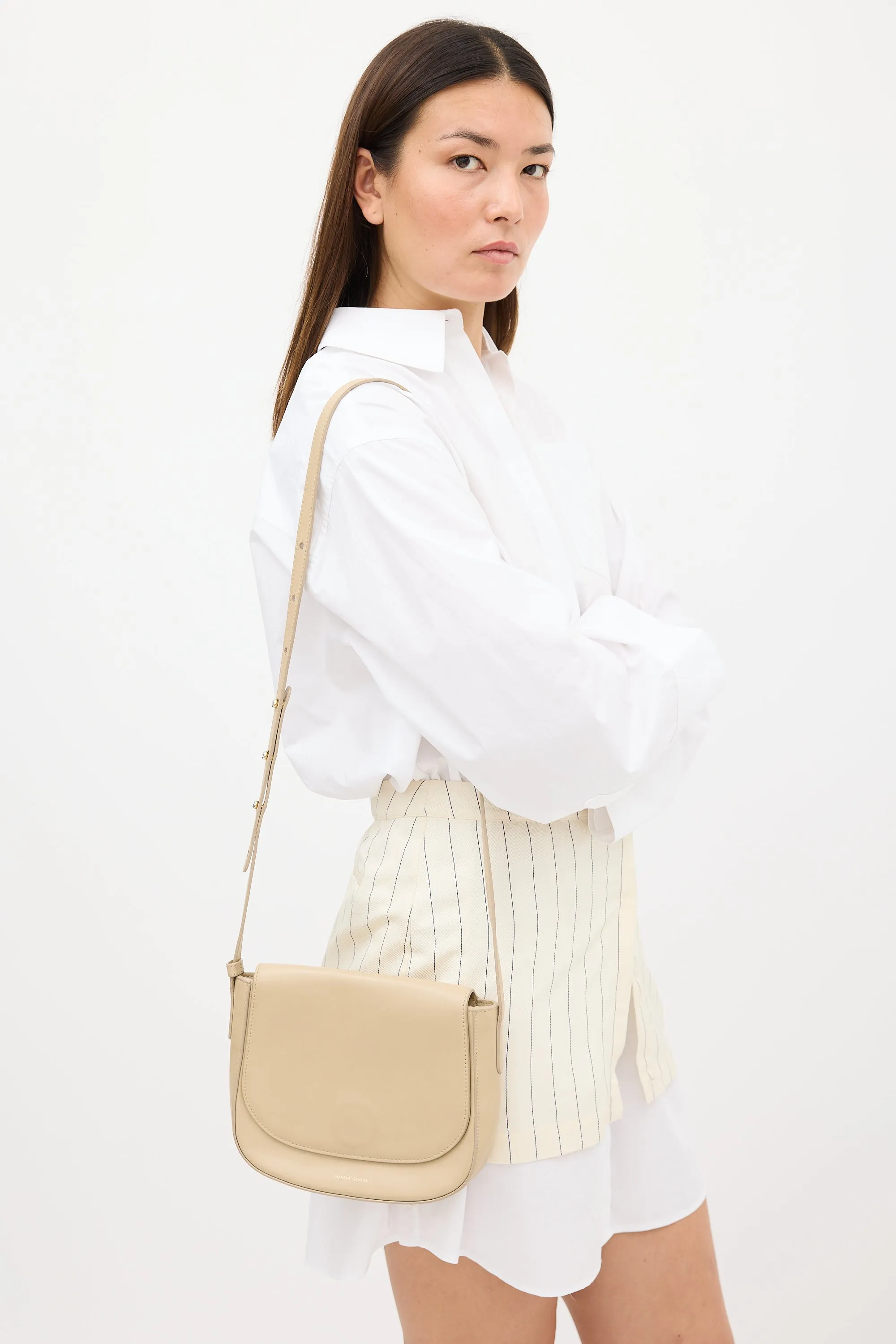 Beige Leather Flap Crossbody Bag