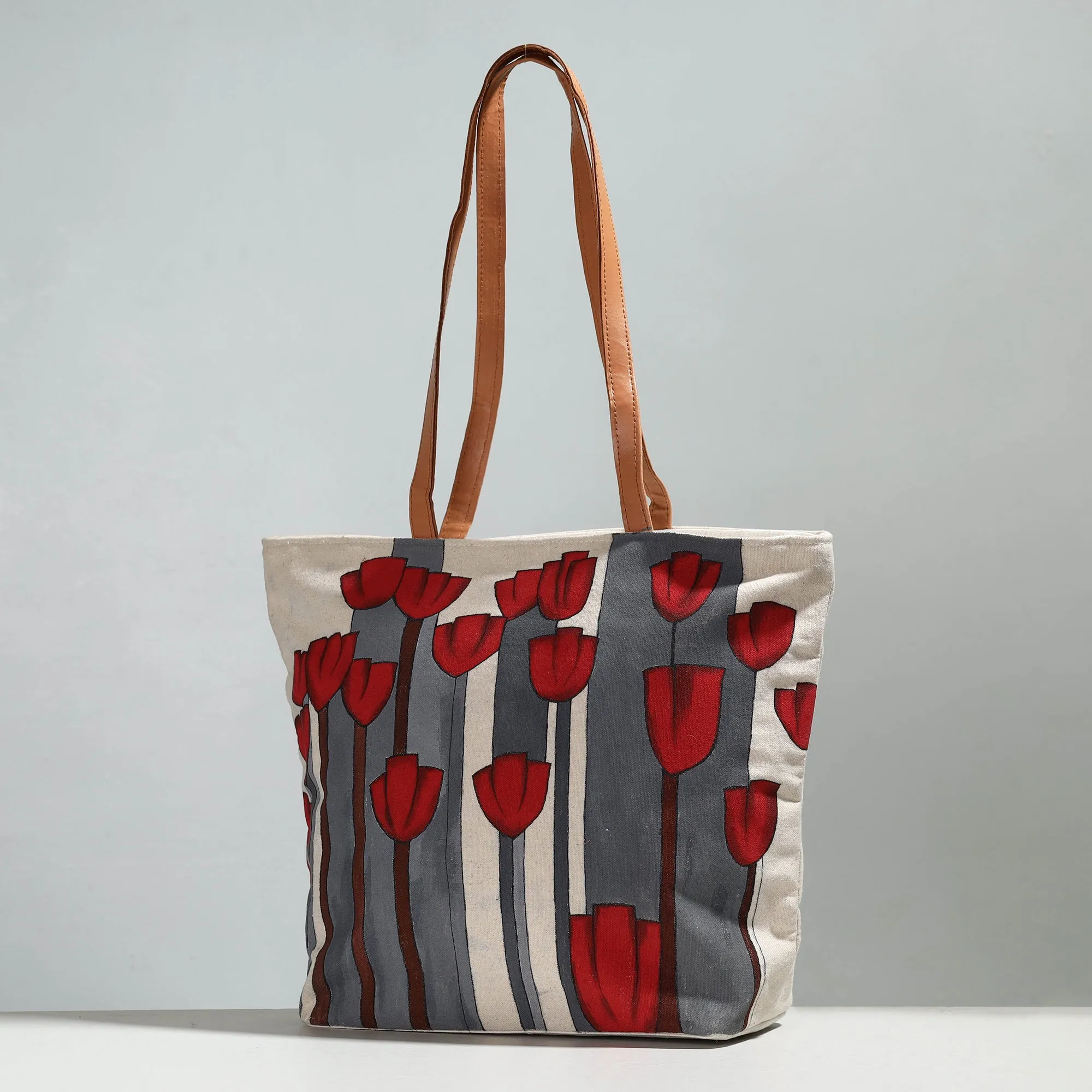 Beige - Red Flower - Handpainted Canvas Cotton Shoulder Bag 01