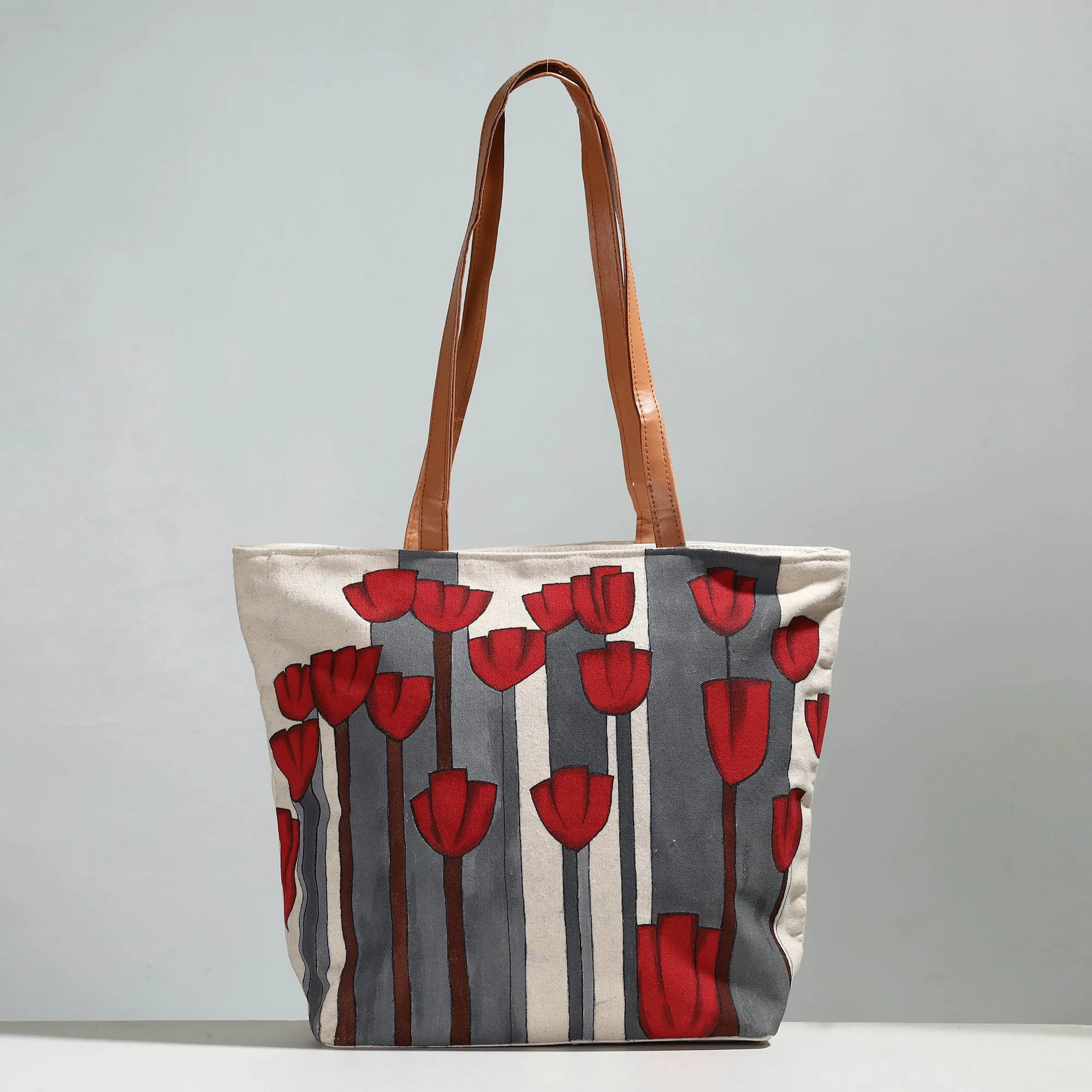 Beige - Red Flower - Handpainted Canvas Cotton Shoulder Bag 01