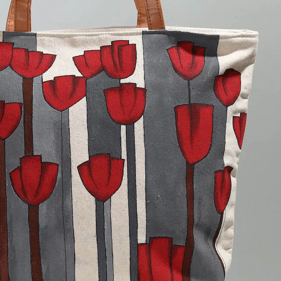 Beige - Red Flower - Handpainted Canvas Cotton Shoulder Bag 01