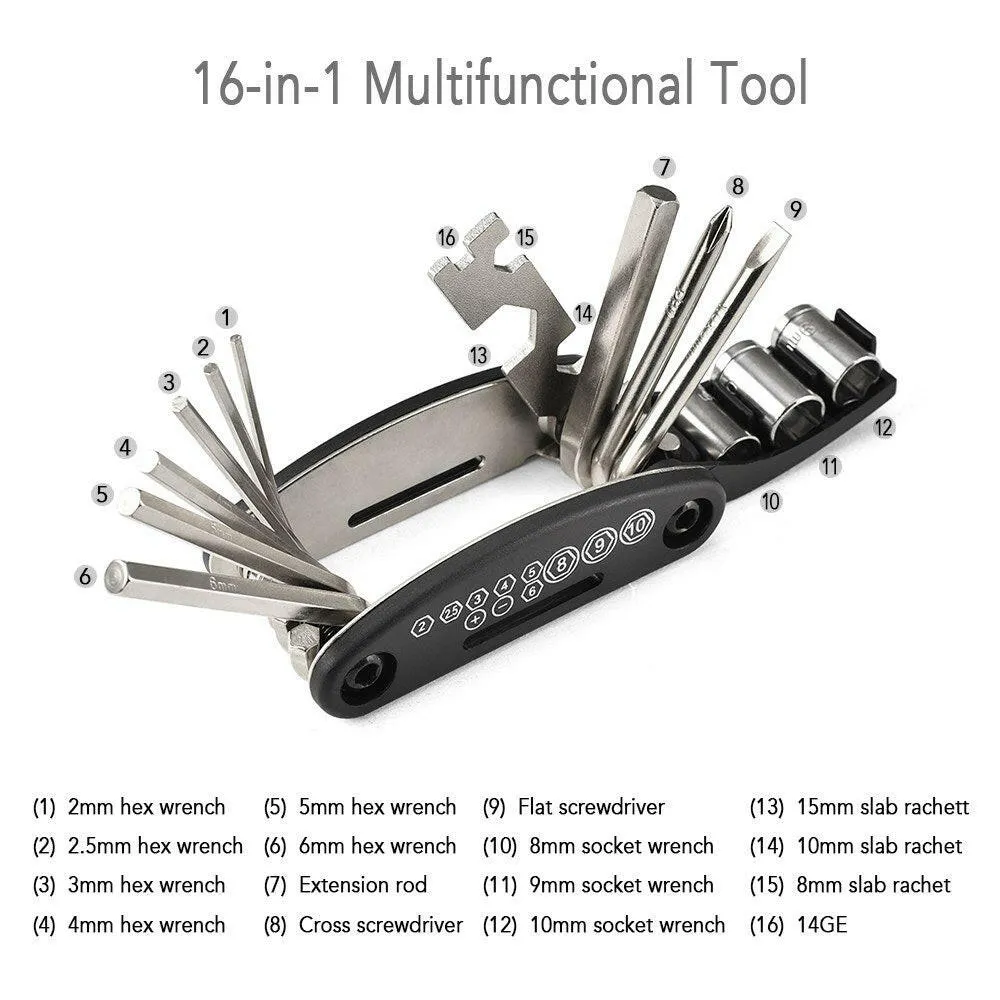 Bicycle Repair Tool Kit 16 in 1 Multifunction Bike Fix Tools with Portable Bag Two Tire Lever Bike Repair Tool