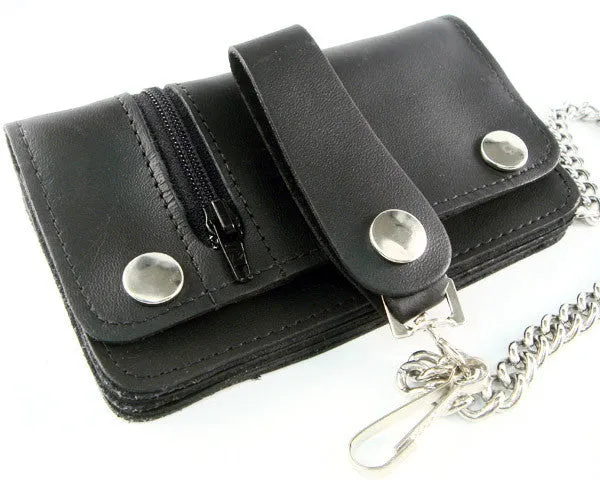 Black Leather Biker Chain Wallet with Zipper