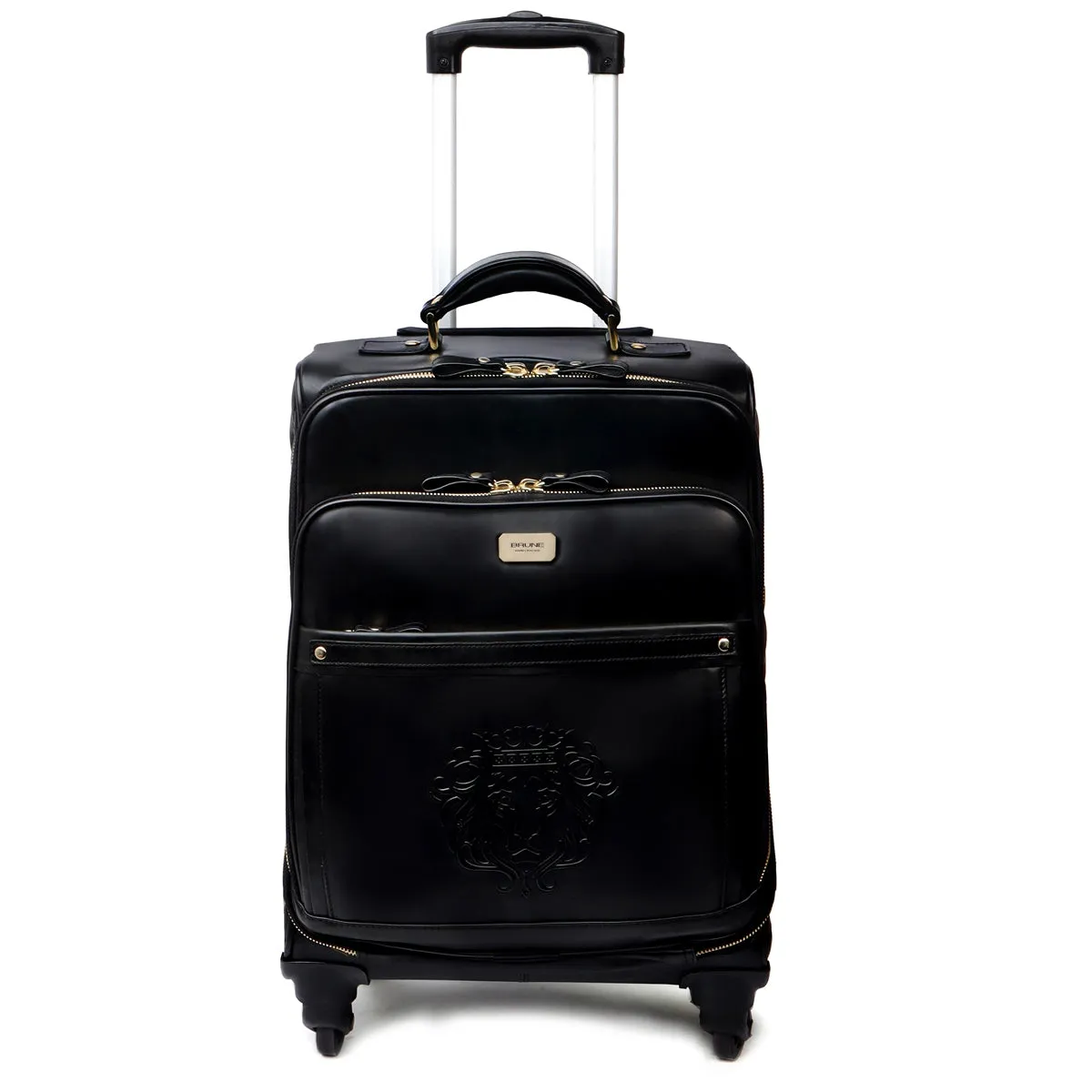 Black Leather Diamond Stitched Quad Wheel Trolley Bag With Embossed Lion Logo by Brune & Bareskin