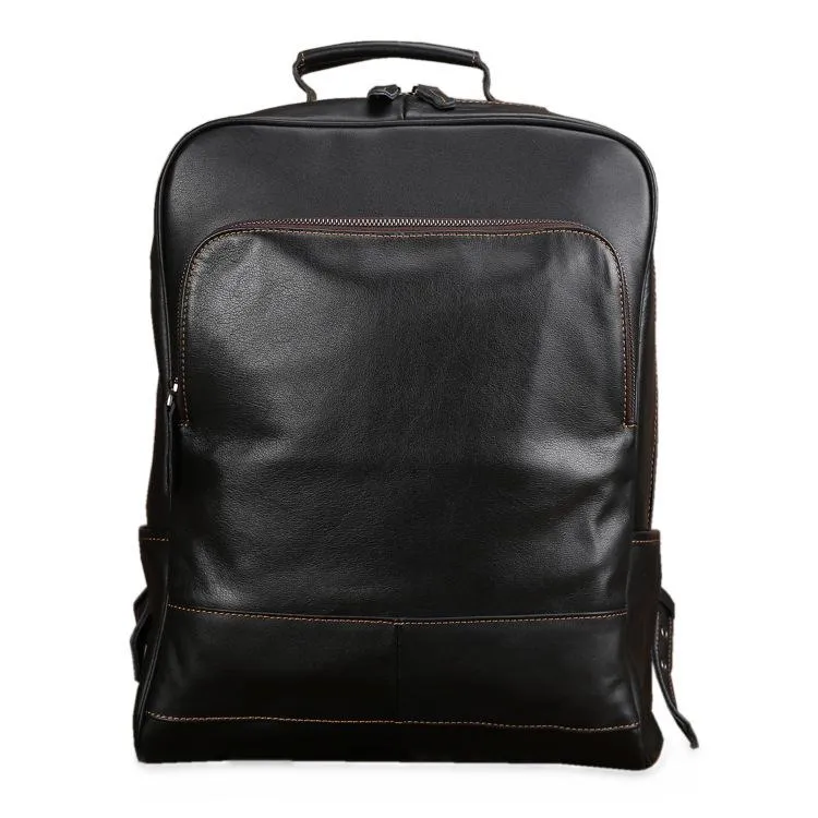 Black Leather Men's 15 inches Computer Backpack Travel Backpack Black Large College Backpack For Men