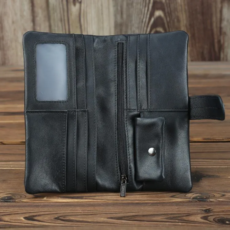 Black Leather Men's Bifold Long Wallet with Coin Pocket Billfold Wallet Card Wallet For Men