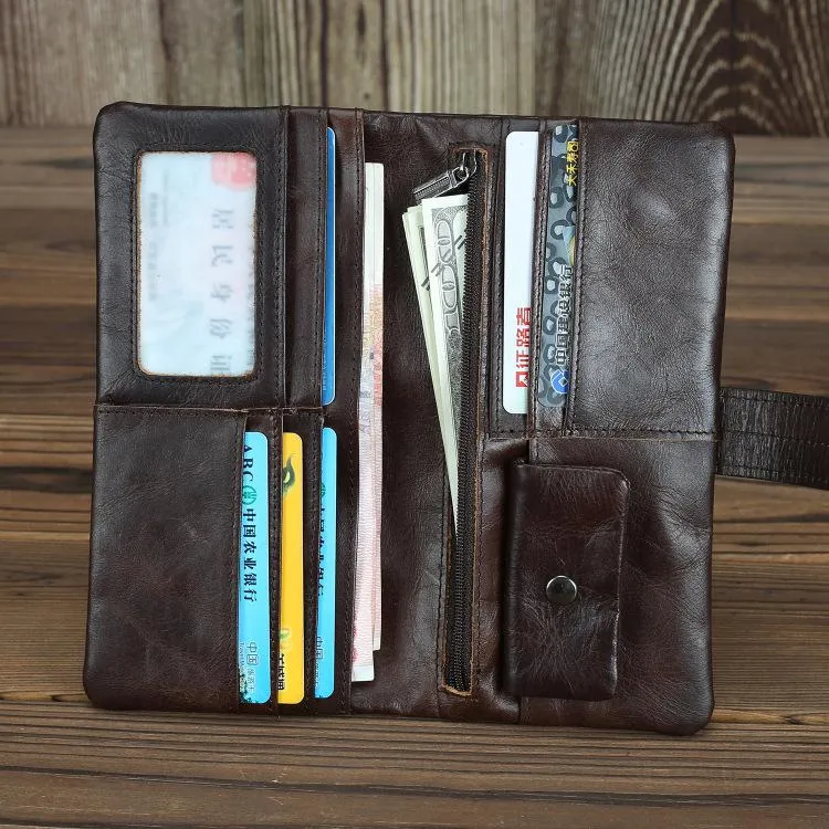 Black Leather Men's Bifold Long Wallet with Coin Pocket Billfold Wallet Card Wallet For Men