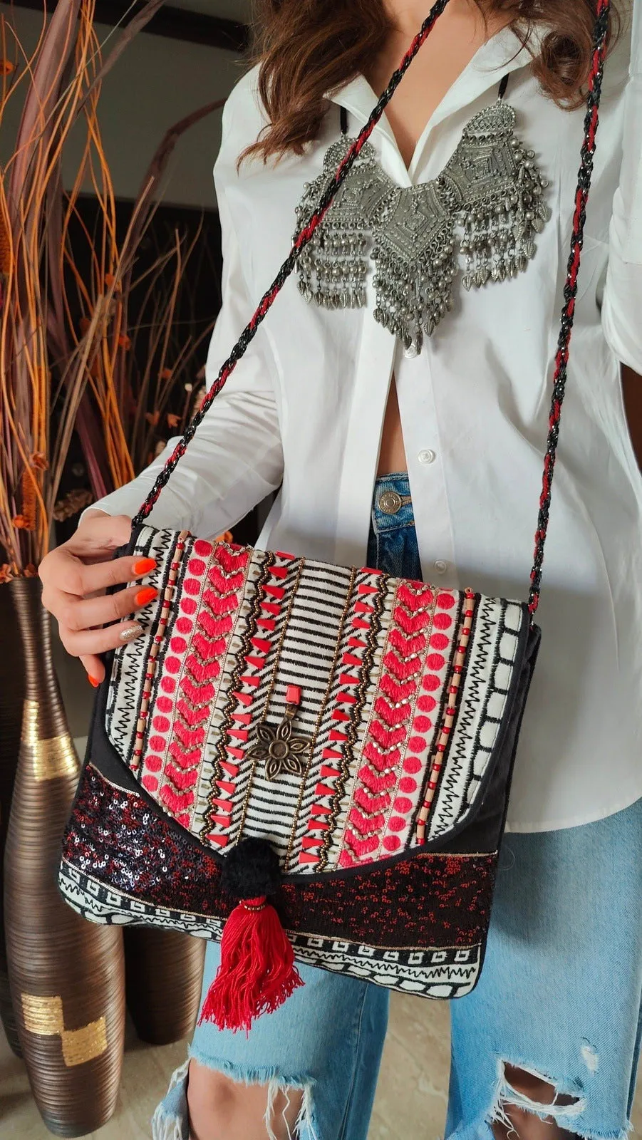 Black Red Sling Bag Banjara Handcrafted Embroidery Bag