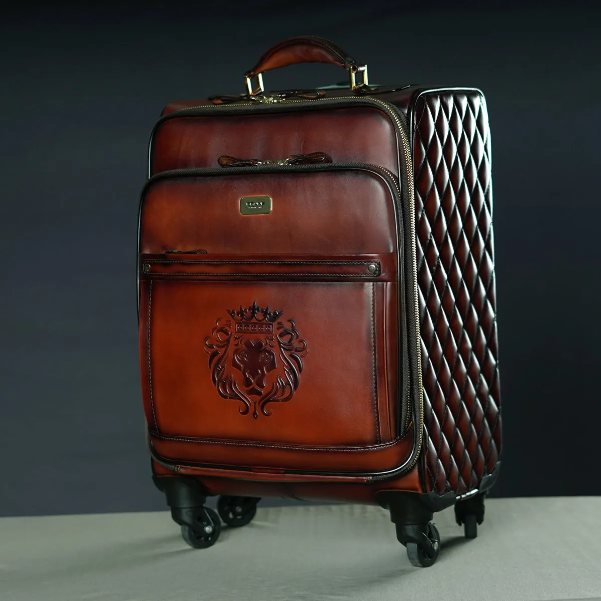 Brown Leather Diamond Stitched Design Trolley Bag