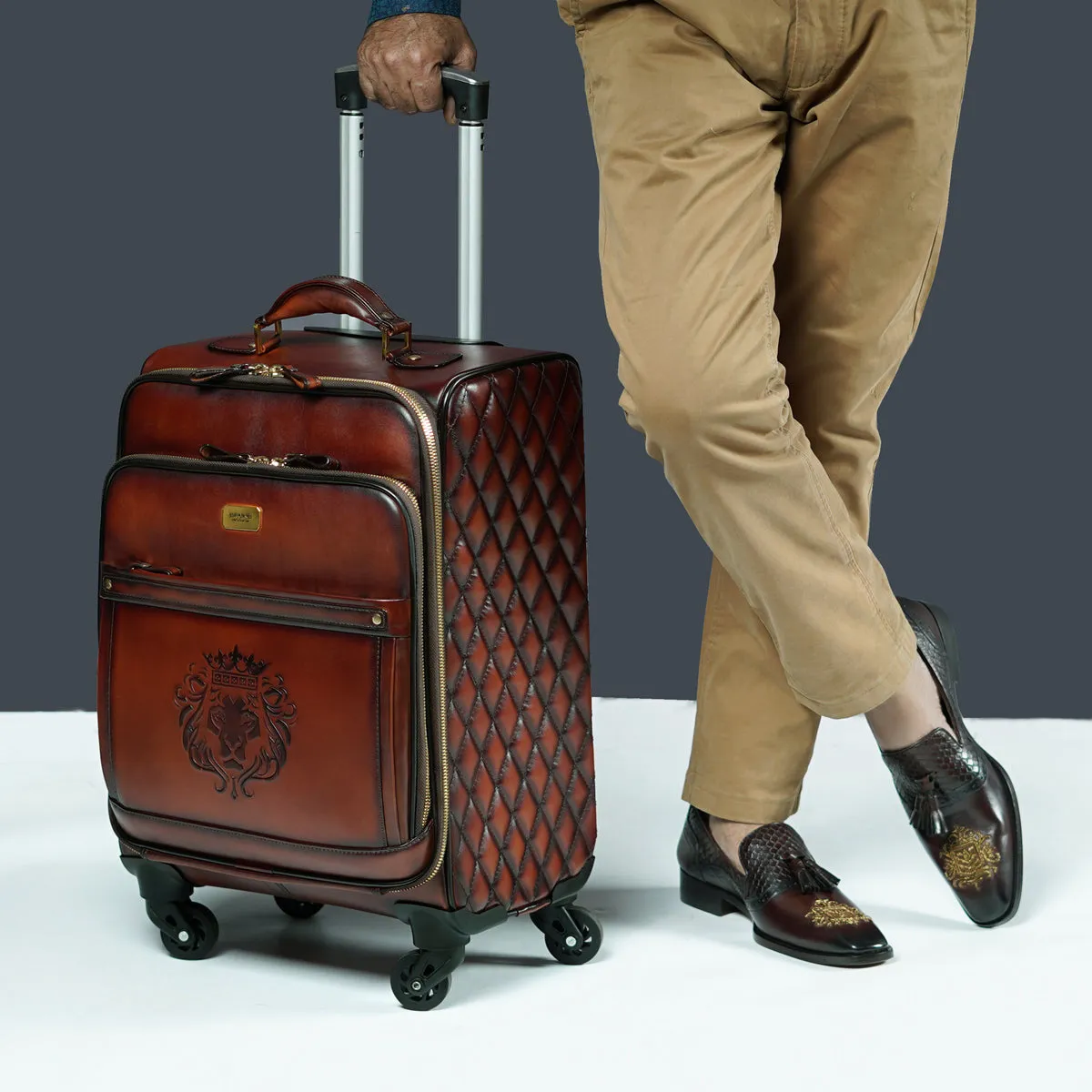 Brown Leather Diamond Stitched Design Trolley Bag