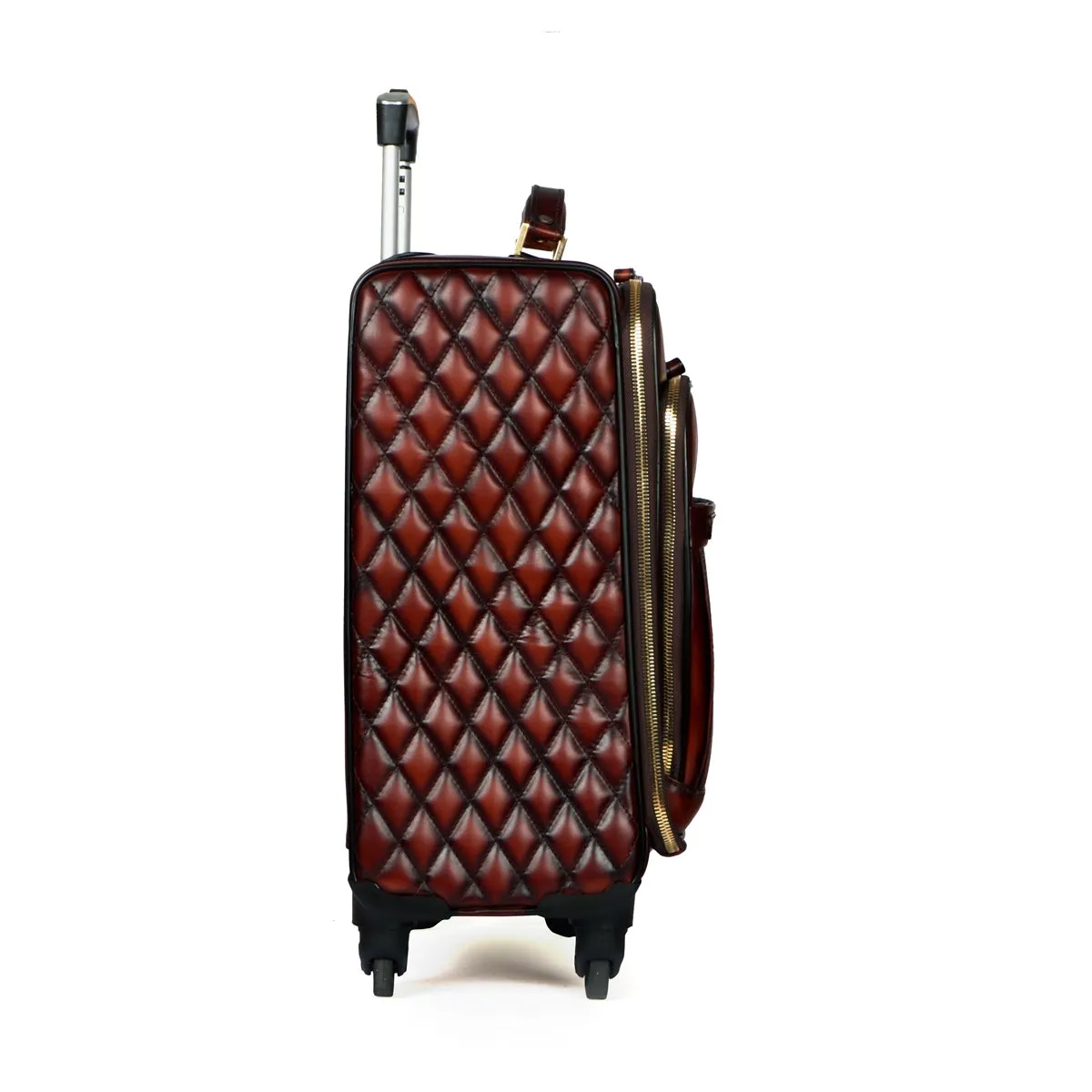 Brown Leather Diamond Stitched Design Trolley Bag