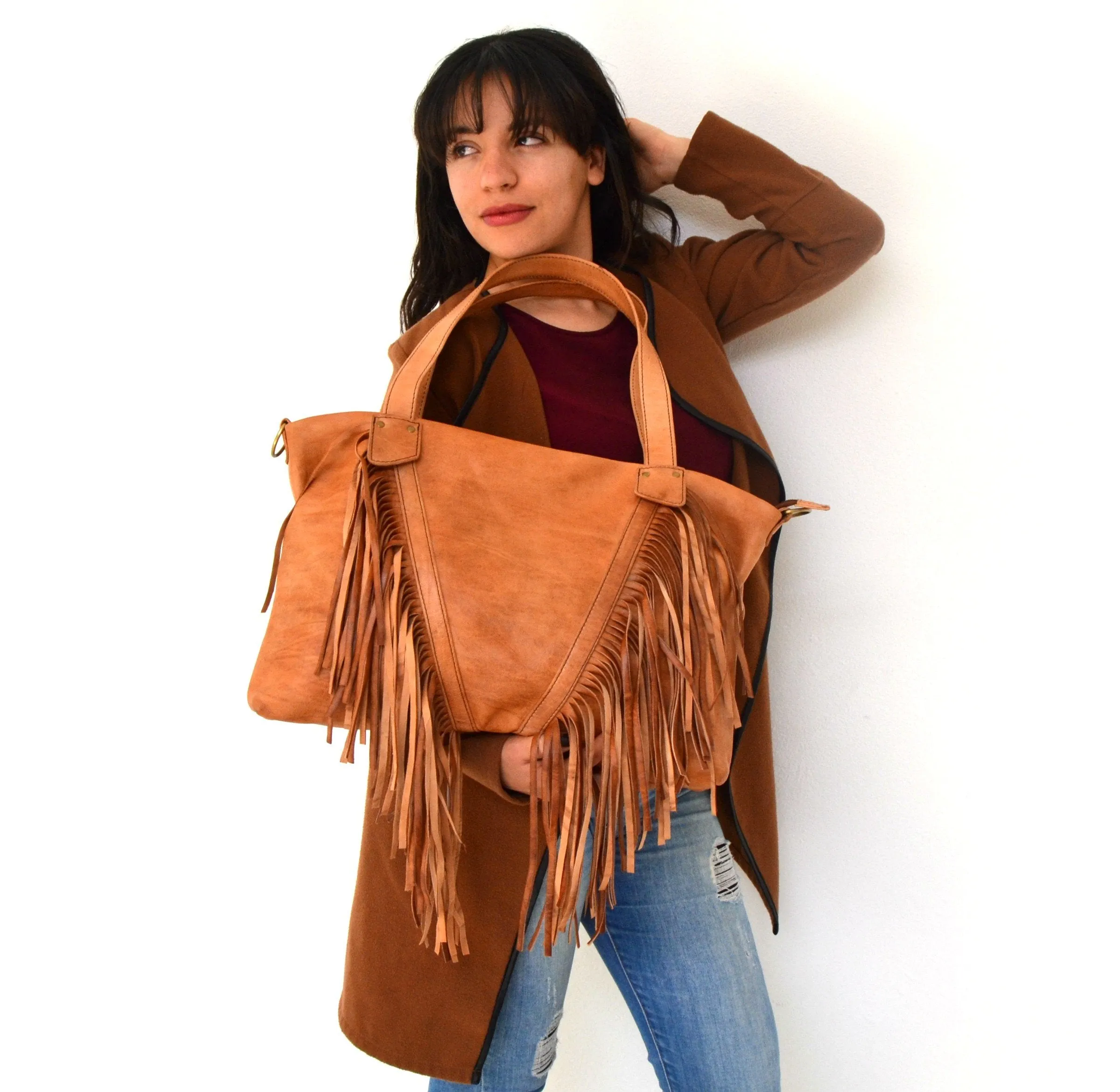 Camel Fringe Leather Purse