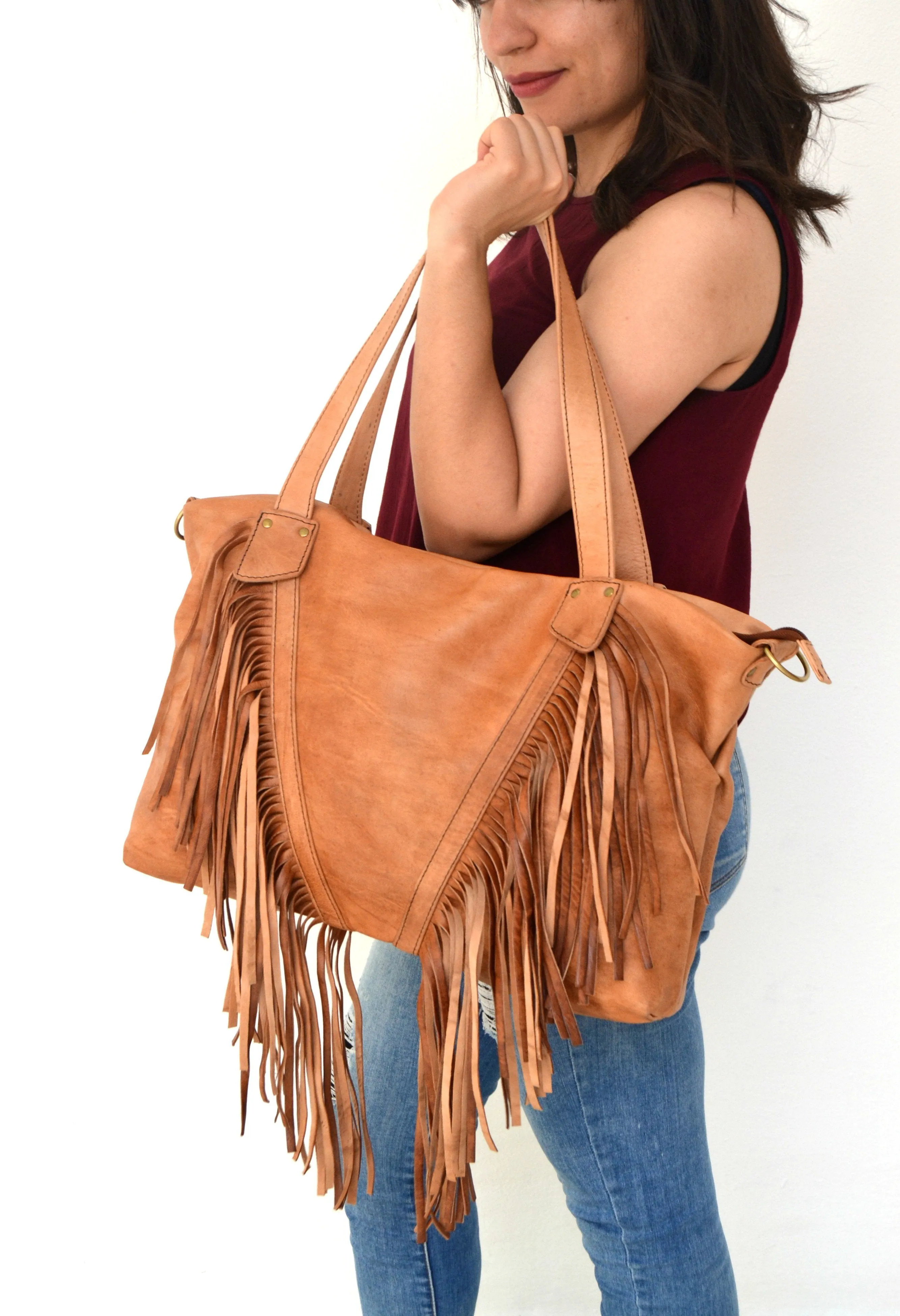 Camel Fringe Leather Purse