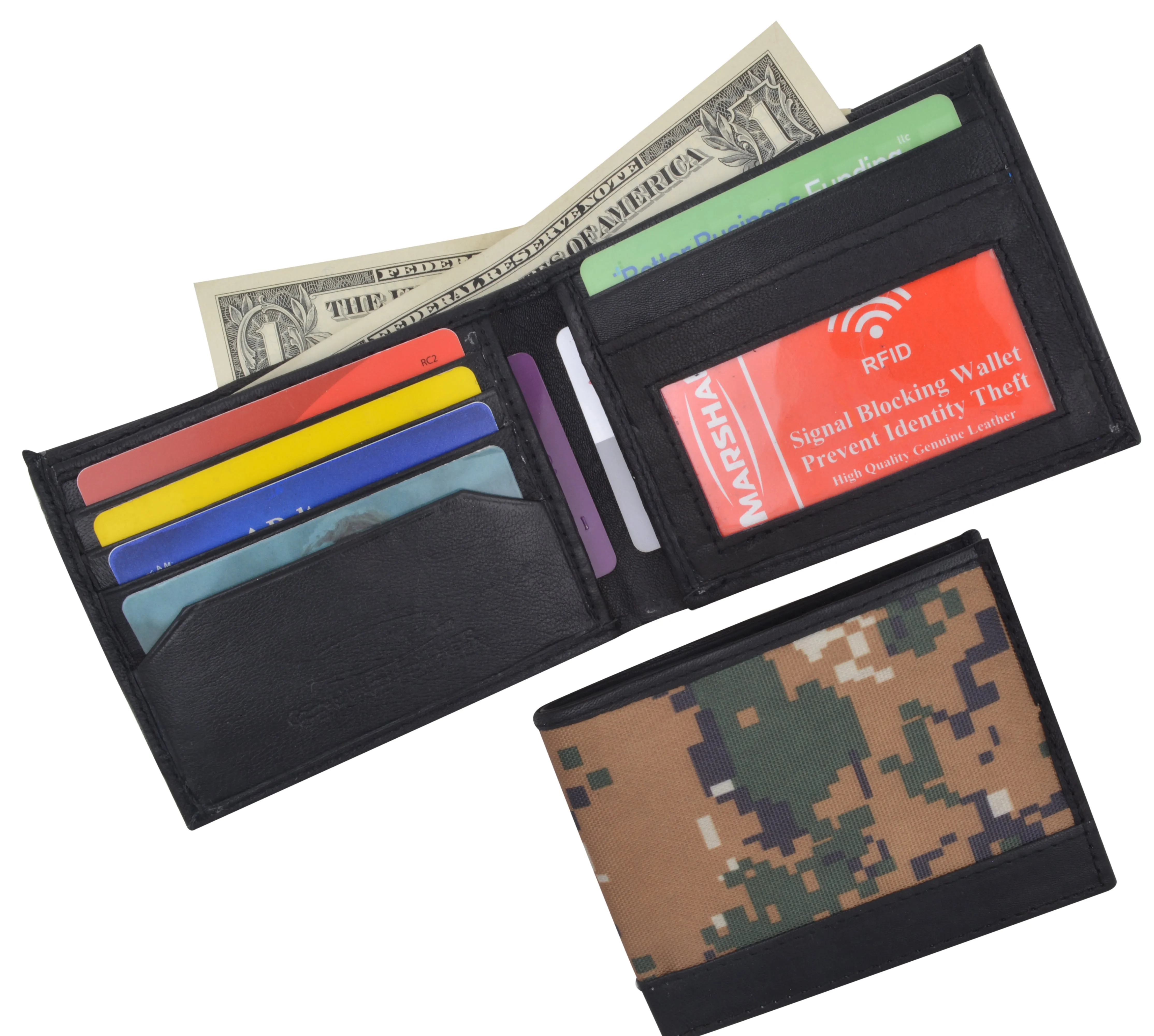 Camouflage RFID60/ Blocking Soft Leather Men's Camo Simple Sim Thin Credit Card ID Holder Bifold Military Style Wallet