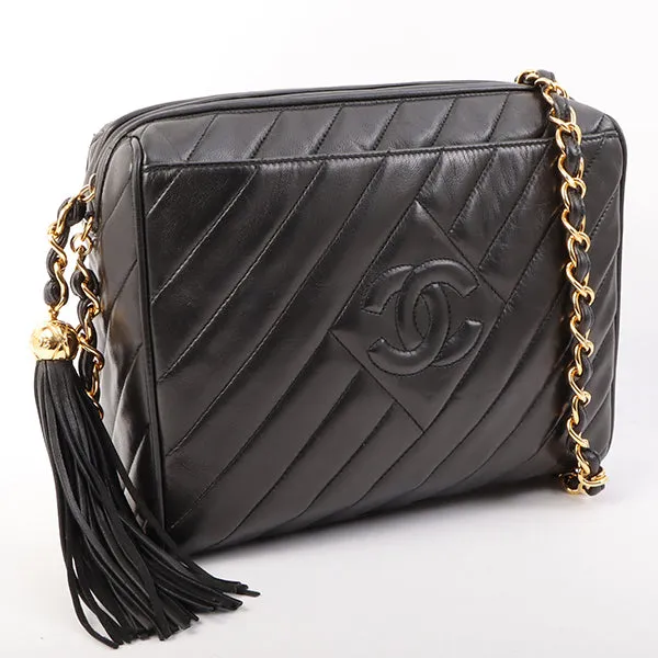 Chanel Around 1995 Made Mademoiselle Stitch Fringe Chain Bag Black