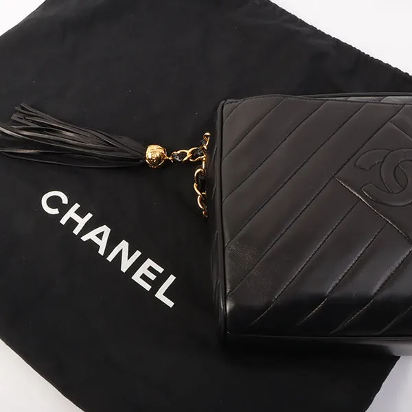 Chanel Around 1995 Made Mademoiselle Stitch Fringe Chain Bag Black