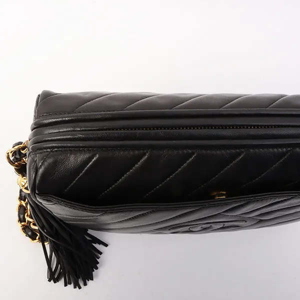 Chanel Around 1995 Made Mademoiselle Stitch Fringe Chain Bag Black