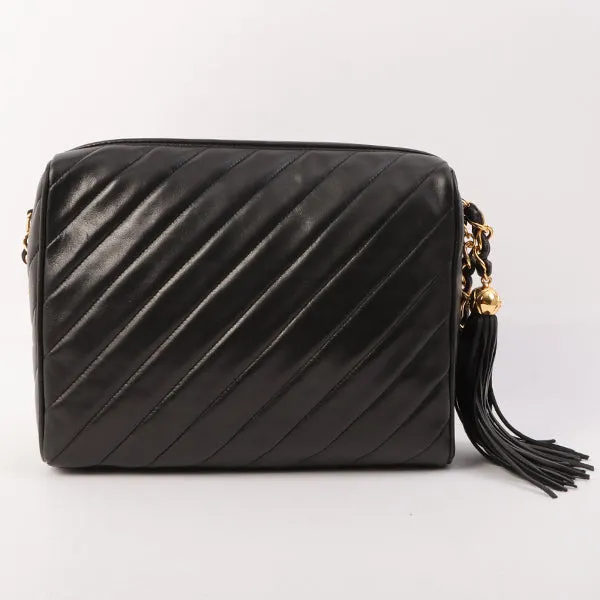 Chanel Around 1995 Made Mademoiselle Stitch Fringe Chain Bag Black