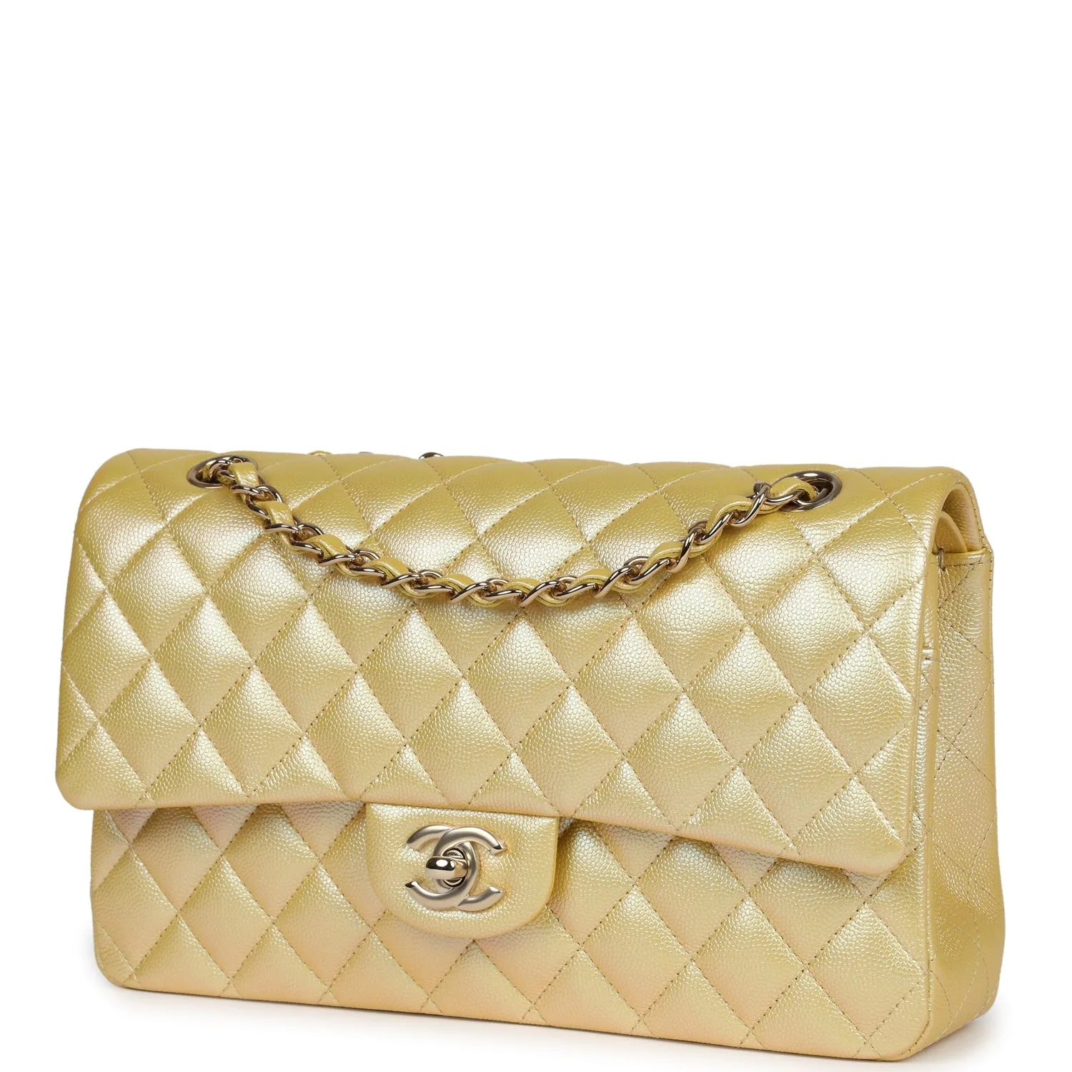 Chanel Medium Classic Double Flap Bag Yellow Iridescent Caviar Light Gold Hardware