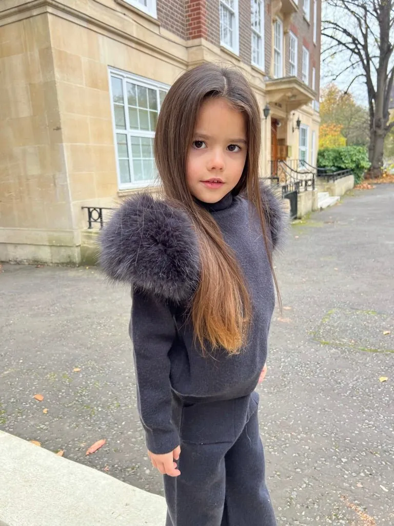 Childrens Charcoal Premium Faux Fur Roll Neck Wide Leg Tracksuitt