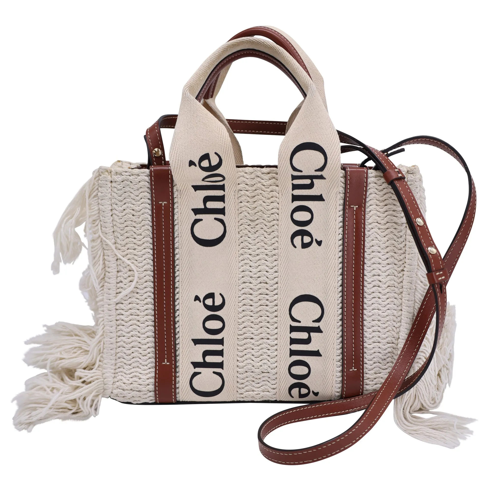 Chloé Small Woody Knit Fringe Tote Bag in White Recycled Cotton