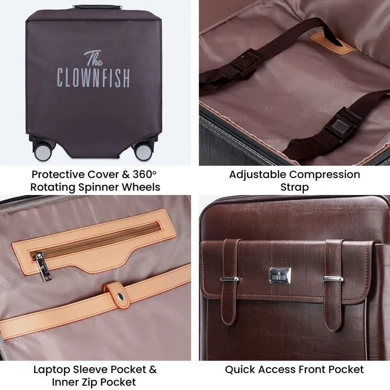 Clownfish Elite Series Laptop Trolley Bag | Overnighter Trolley Bags with Wheels for Travel | Business Cabin Crew Suitcase with Laptop Compartment | 18 inches| 29 litres | Brown