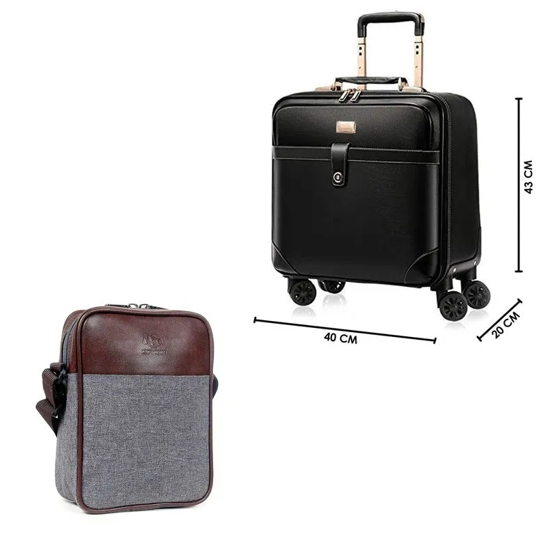 Combo: Faux Leather Travel Suitcase & Sling Bag | 8 Wheels | Black & Grey