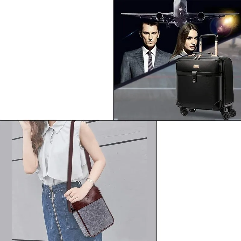 Combo: Faux Leather Travel Suitcase & Sling Bag | 8 Wheels | Black & Grey