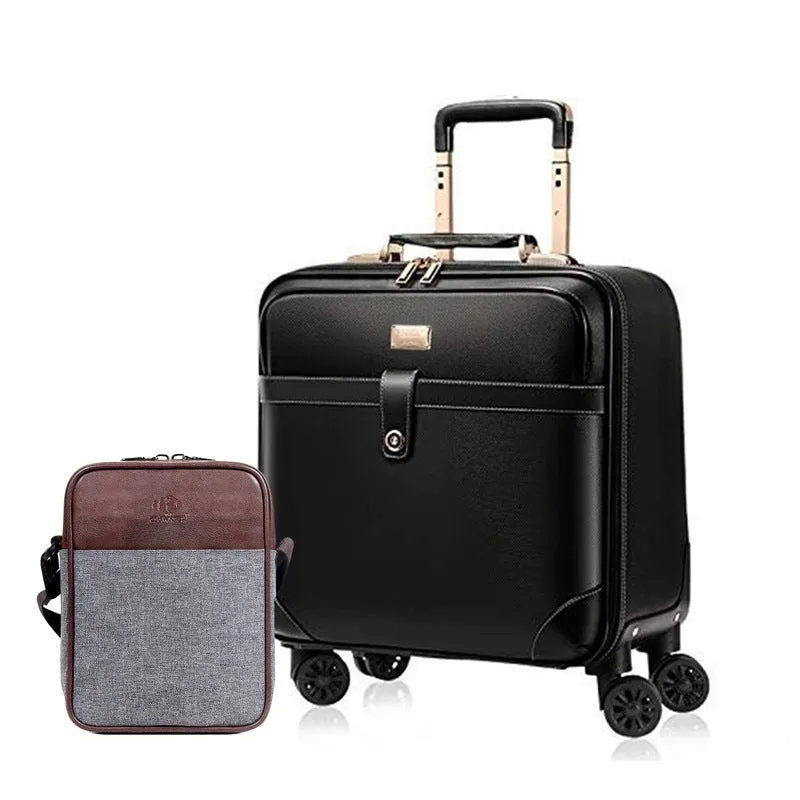 Combo: Faux Leather Travel Suitcase & Sling Bag | 8 Wheels | Black & Grey