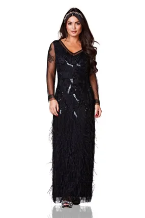 Corinne Feather Embellished Maxi Dress in Black